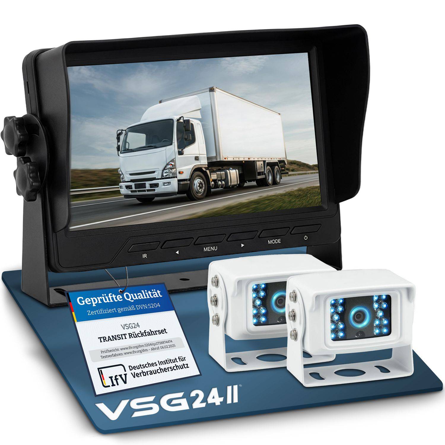 VSG24 7" Rückfahrkamera Set TRANSIT | mit 2 x Schwerlast-Kamera 120° weiß RVS-24505