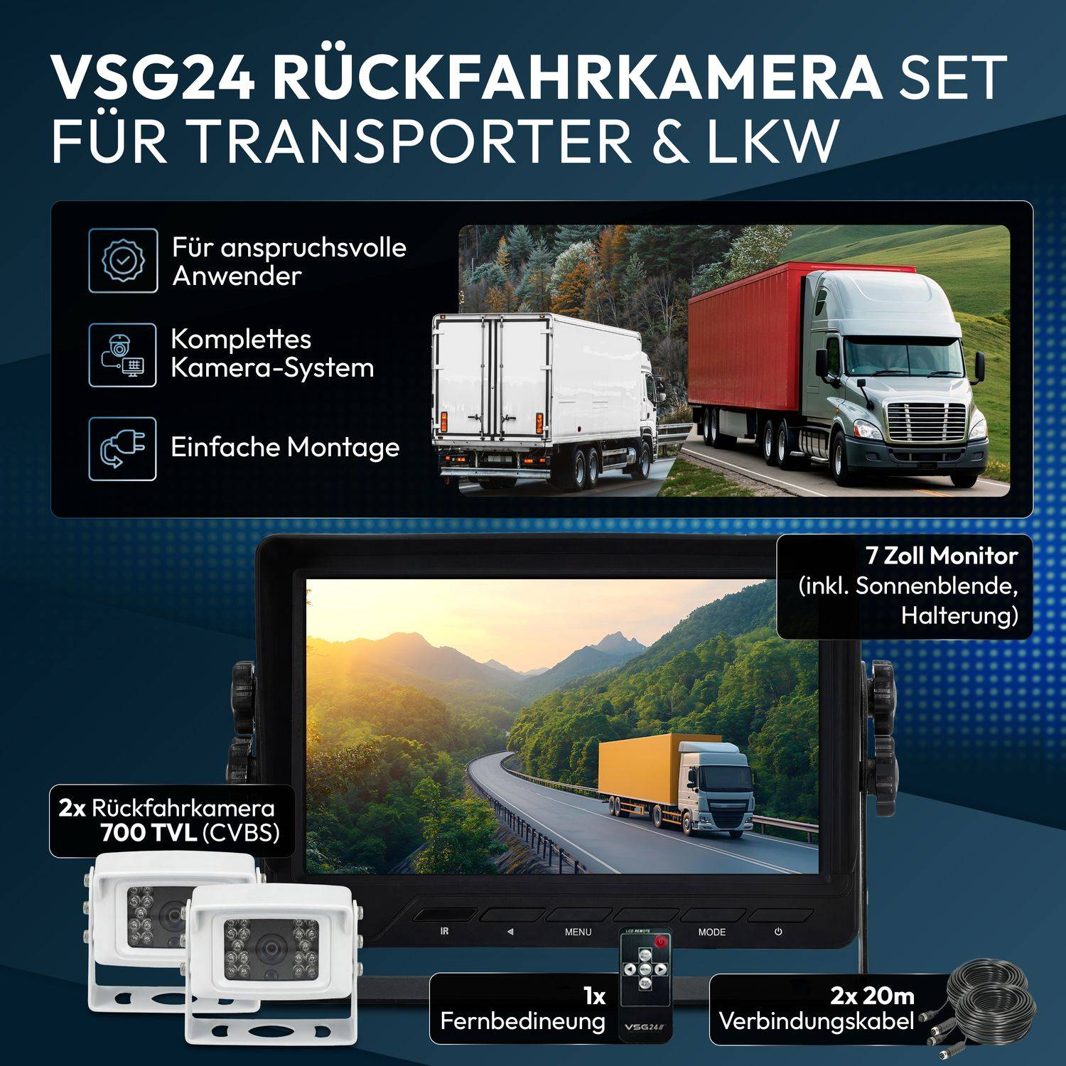 VSG24 7" Rückfahrkamera Set TRANSIT | mit 2 x Schwerlast-Kamera 120° weiß RVS-24505