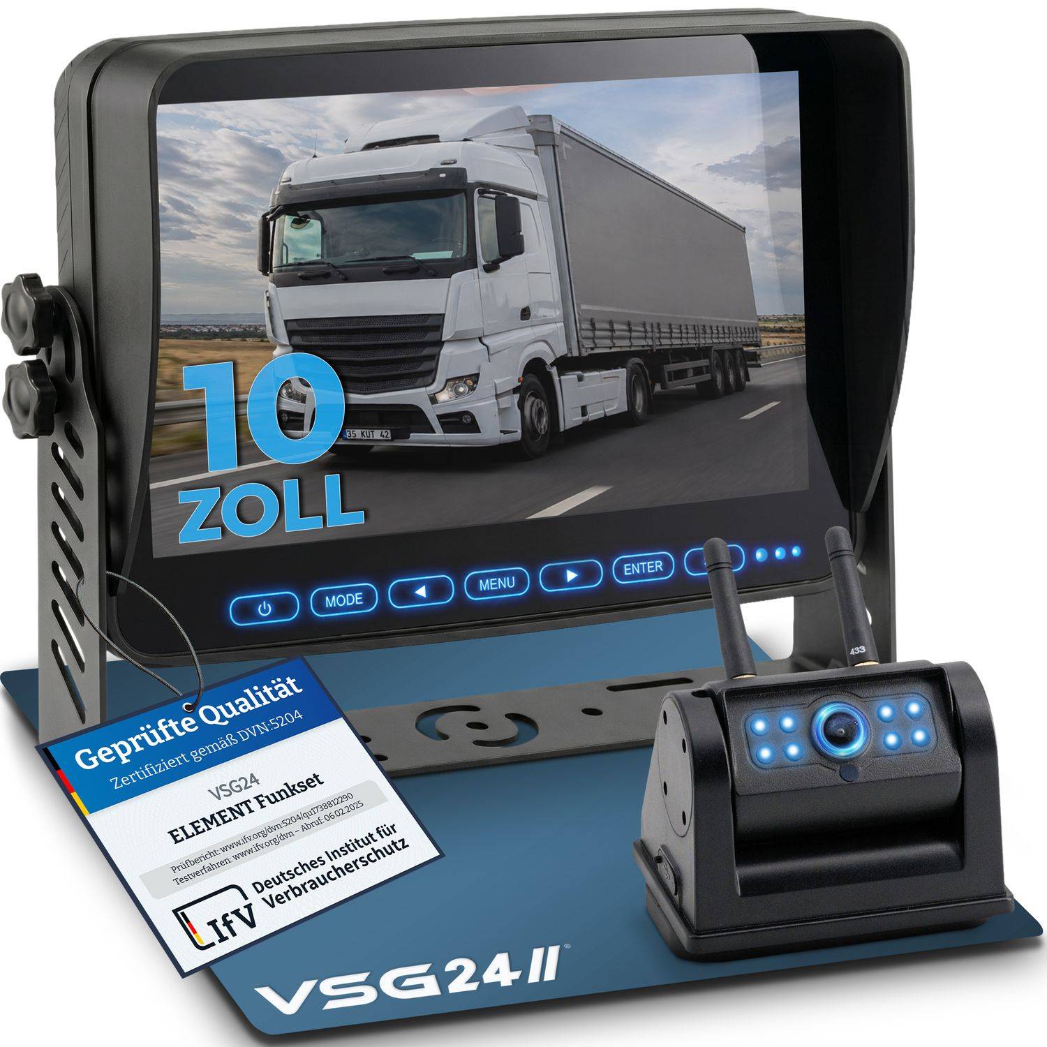 10-Zoll-Touchscreen-Monitor für den Armaturenbrett eines Lastkraftwagens, der einen weißen Lastkraftwagen auf der Straße zeigt, mit einer drahtlosen Kameraeinheit, einem Zertifikatskarte und der Aufschrift „10 ZOLL