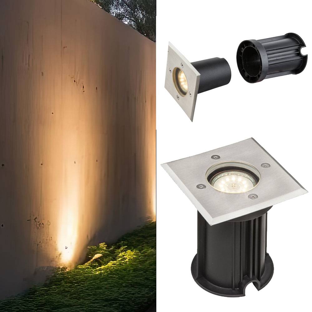 Bodeneinbaustrahler Aussen IP67 Edelstahl Außenleuchte Gartenstrahler Bodenstrahler befahrbar bis 2000kg , Glas klar, 1x GU10, LxBxH 11x11x12,3, 2er