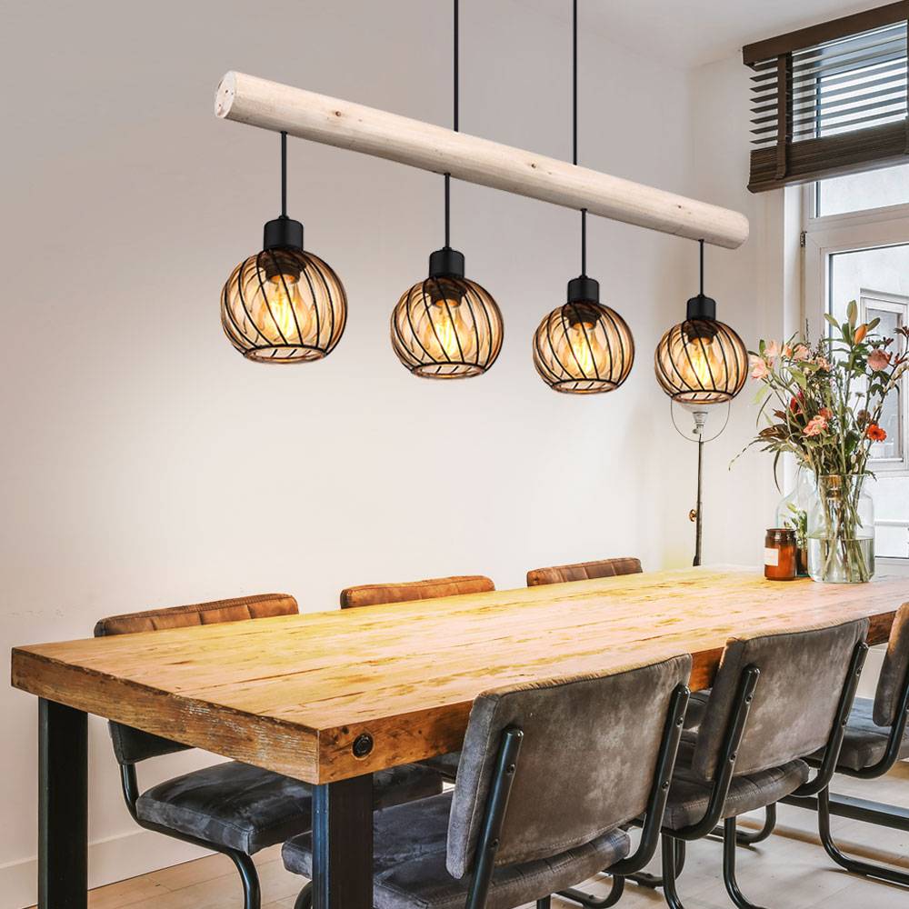 Pendelleuchte Holzlampe Hängelampe Glas Höhenverstellbar Wohnzimmer 4 flammig Holzbalken, Metall Schwarz amber, 4x E27 Fassungen, LxBxH 82x13x120 cm