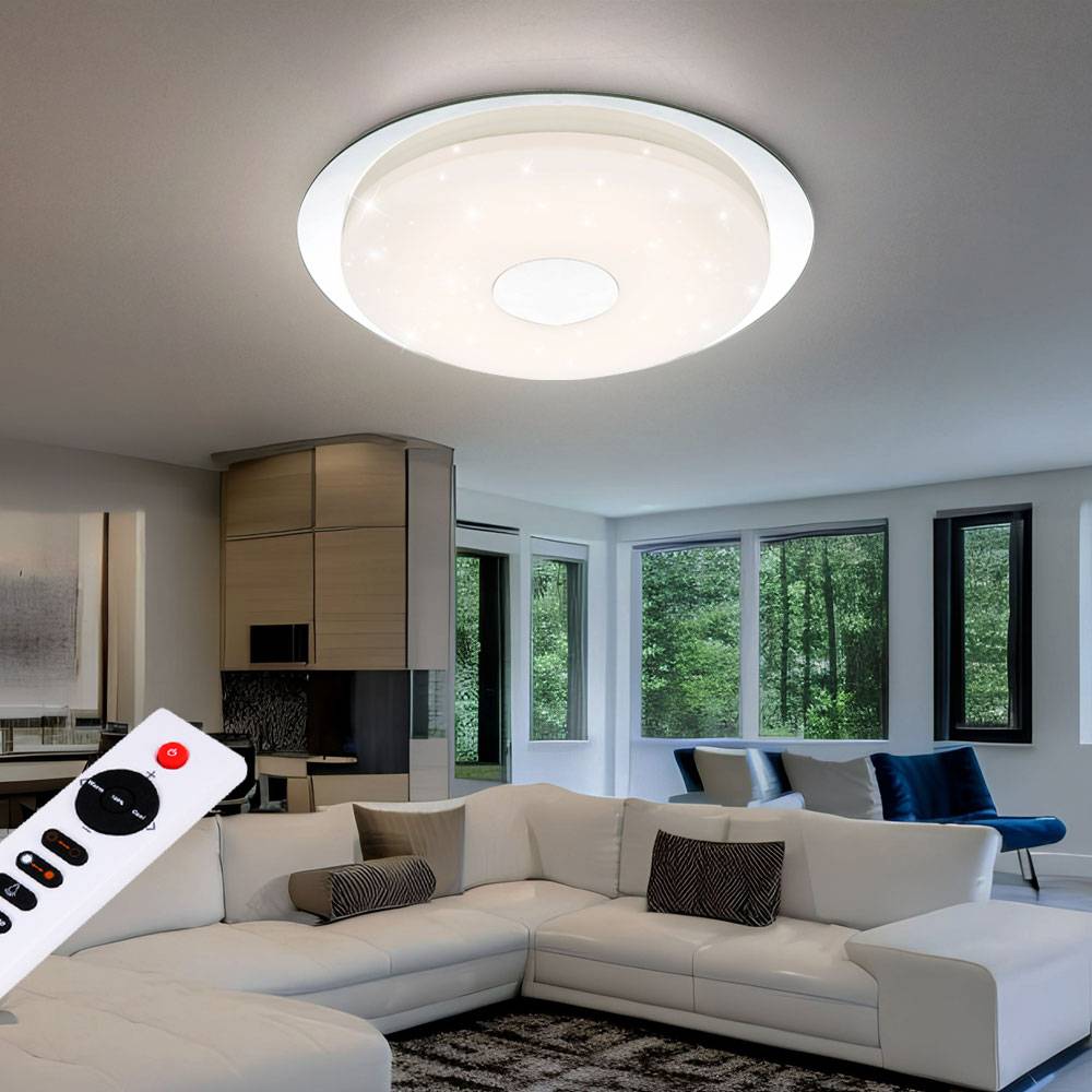 Deckenleuchte dimmbar mit Fernbedienung Deckenlampe Wohnzimmerlampe mit Sternenhimmel Effekt, opal, Memory Funktion Fernbedienung , 1x LED 24 Watt