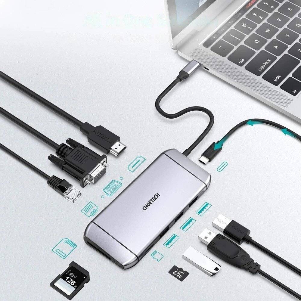 Choetech 9in1 Multifunktions-HUB USB Typ C - 3x 3.2 Gen 1 / SD- TF-Kartenleser HDMI 4K 30Hz VGA