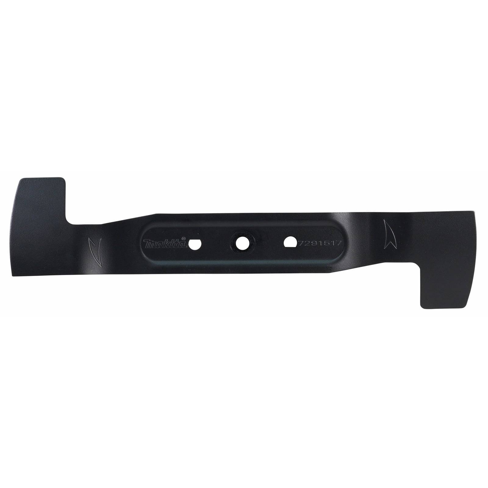 Schwarzes Metallrasenmähermesser mit zwei Löchern in der Mitte und rechteckigen Enden.