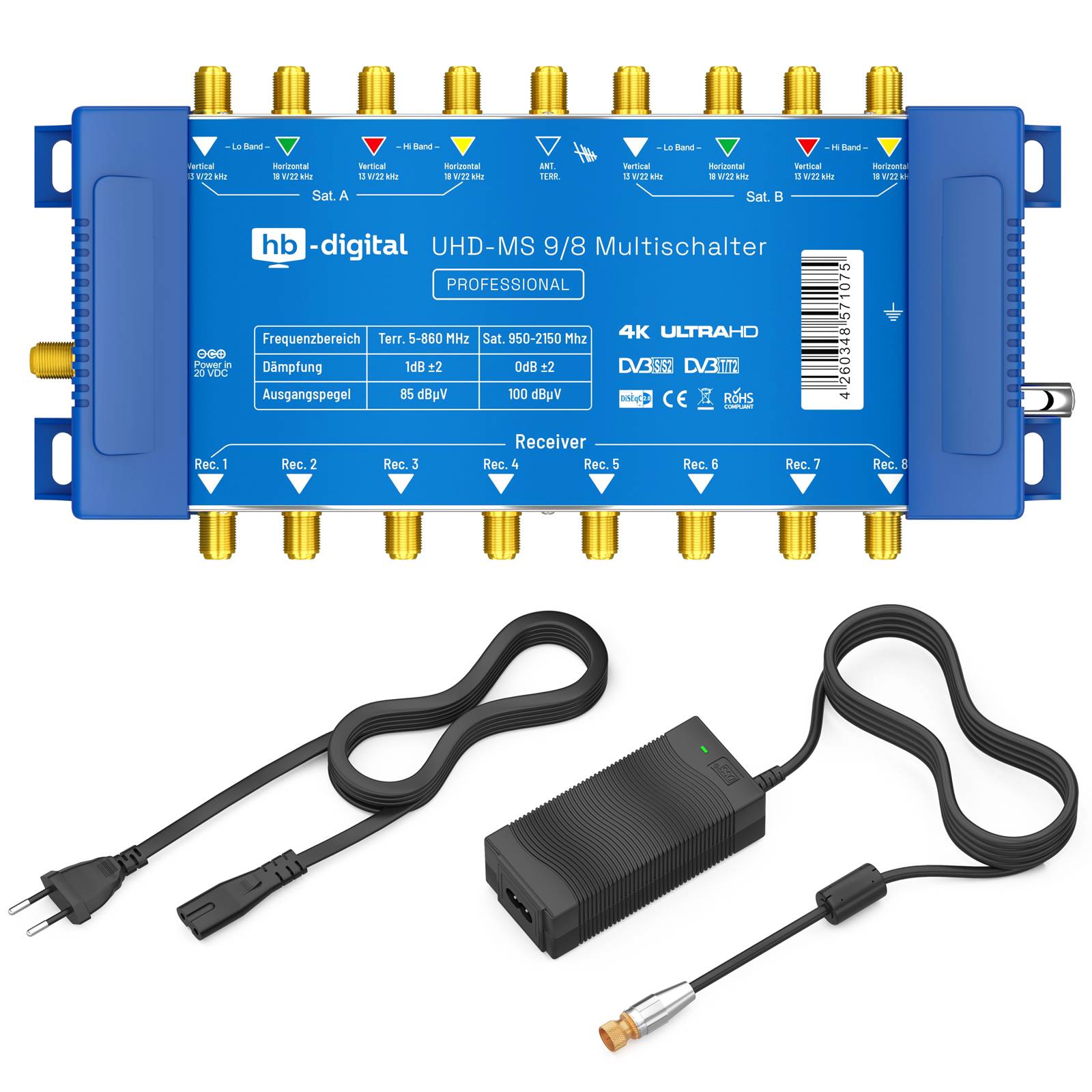 hb-digital Multischalter SAT UHD-MS 9/8 bis zu 8 Teilnehmer