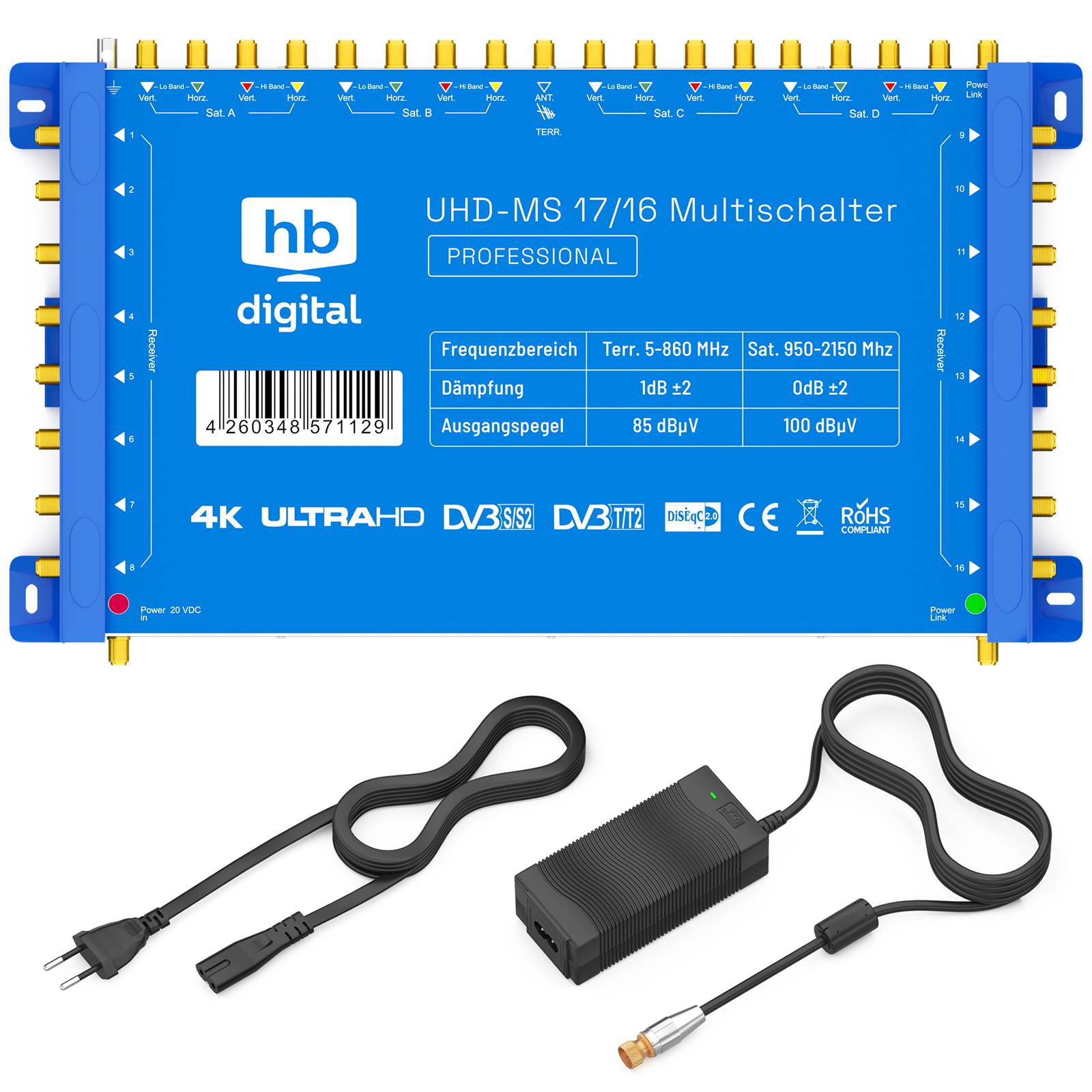 hb-digital Multischalter SAT UHD-MS 17/16 bis zu 16 Teilnehmer