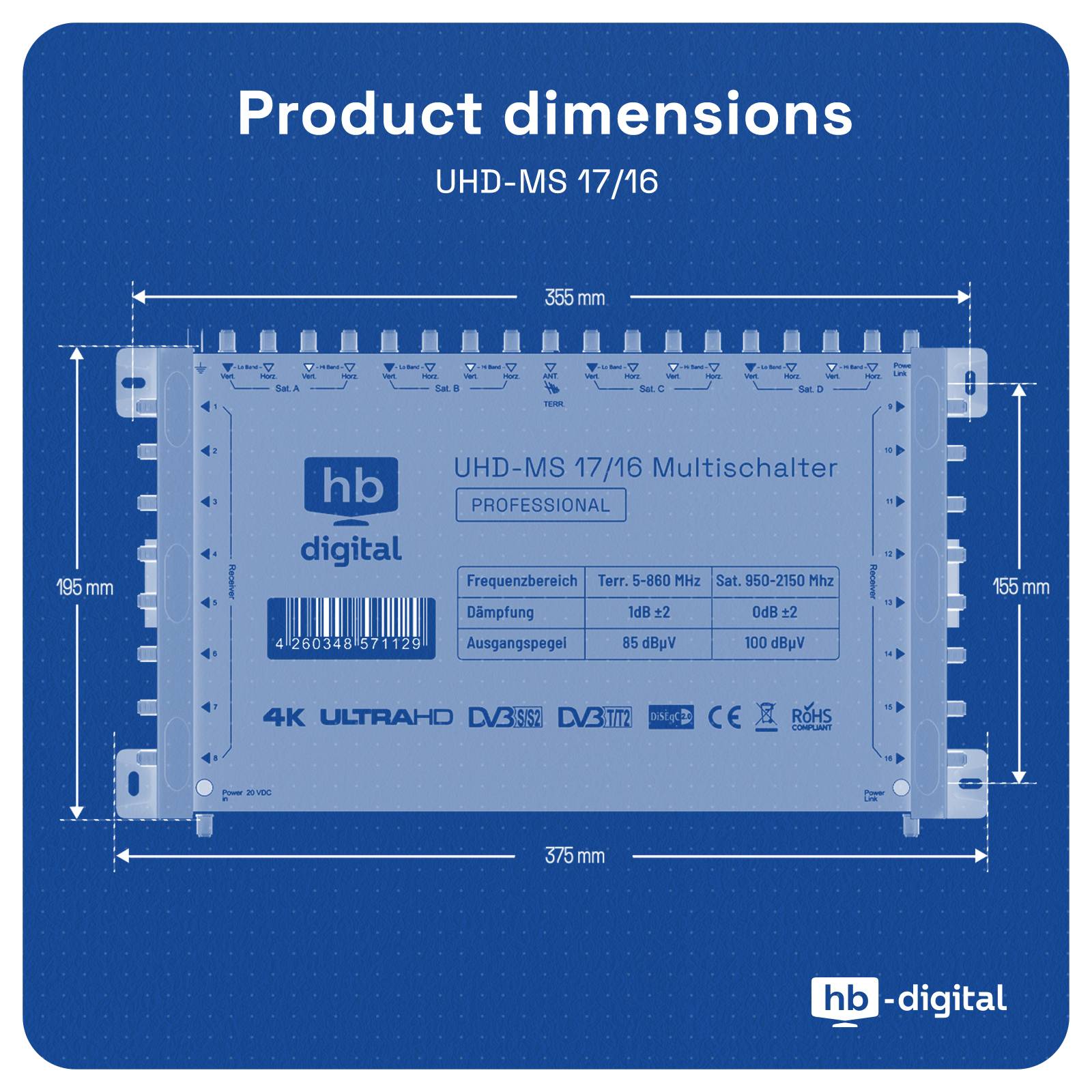 hb-digital Multischalter SAT UHD-MS 17/16 bis zu 16 Teilnehmer