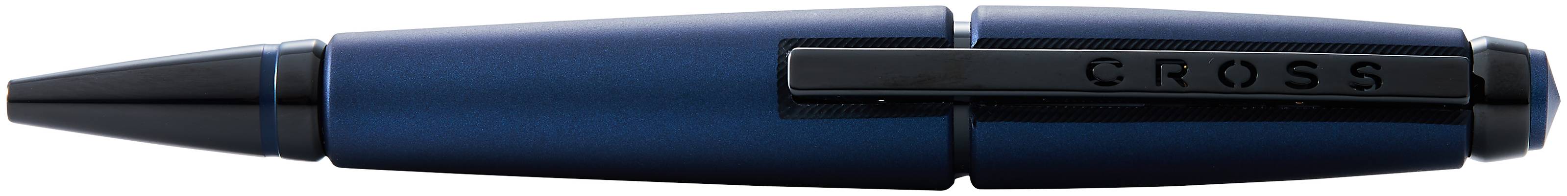 Ein schwarzer CROSS-Stift mit einem blauen Schaft, horizontal auf dunklem Hintergrund gezeigt.