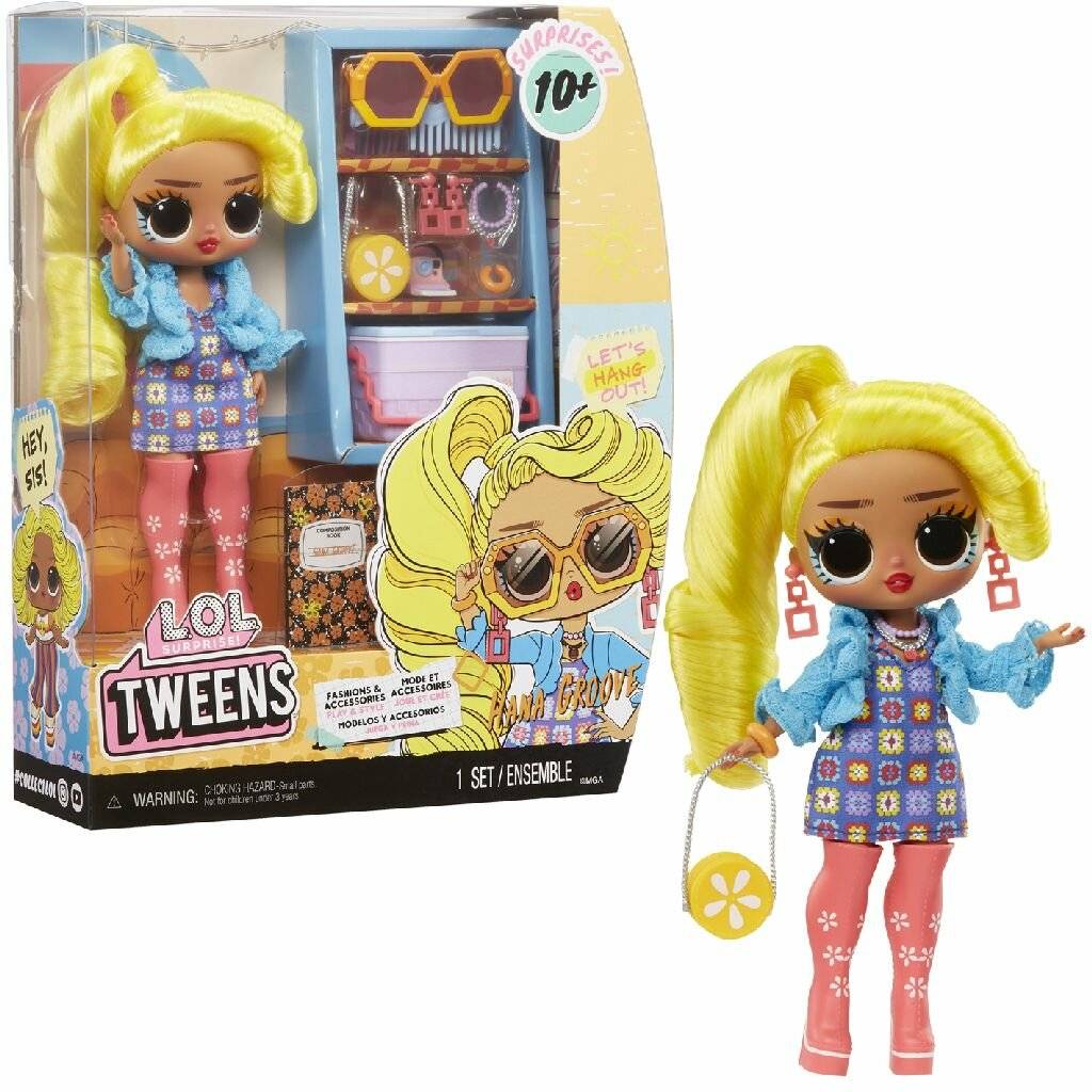 LOL-Modepuppe für Tweens mit langen blonden Haaren, blauer Jacke, gemustertem Kleid, rosa Strumpfhose und Zubehör in der Verpackung abgebildet.
