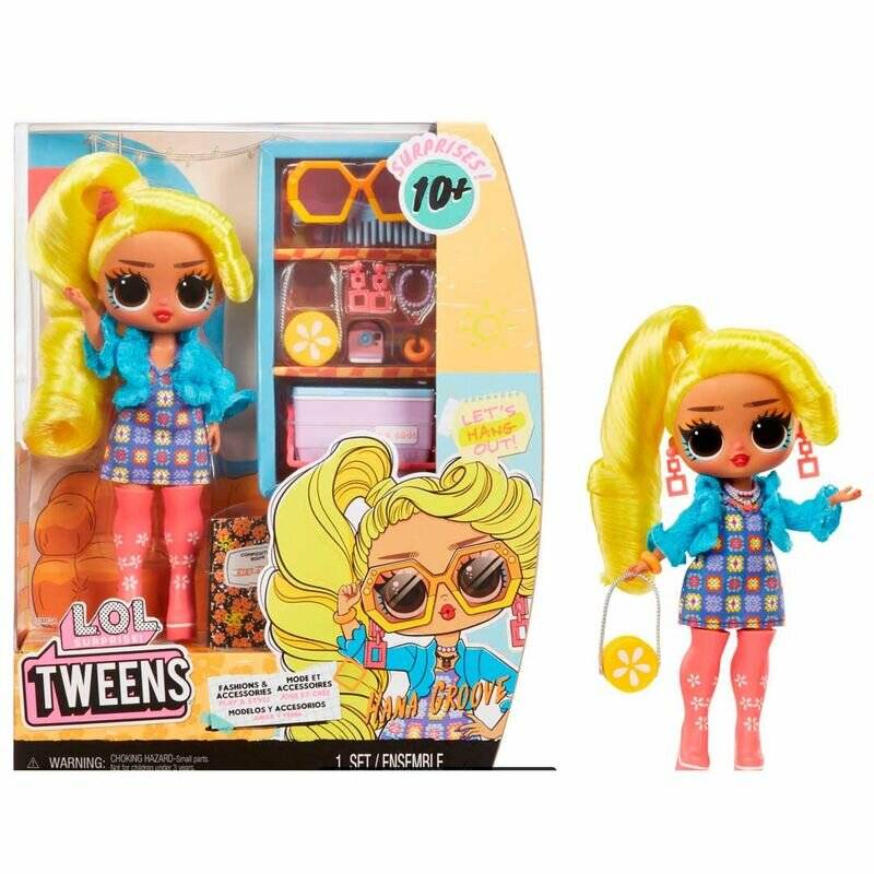 Bild einer LOL Surprise Tweens Modepuppe mit blondem Haar und Sonnenbrille, in ihrer Schachtel mit Zubehör gezeigt und neben der ausgepackten Puppe.