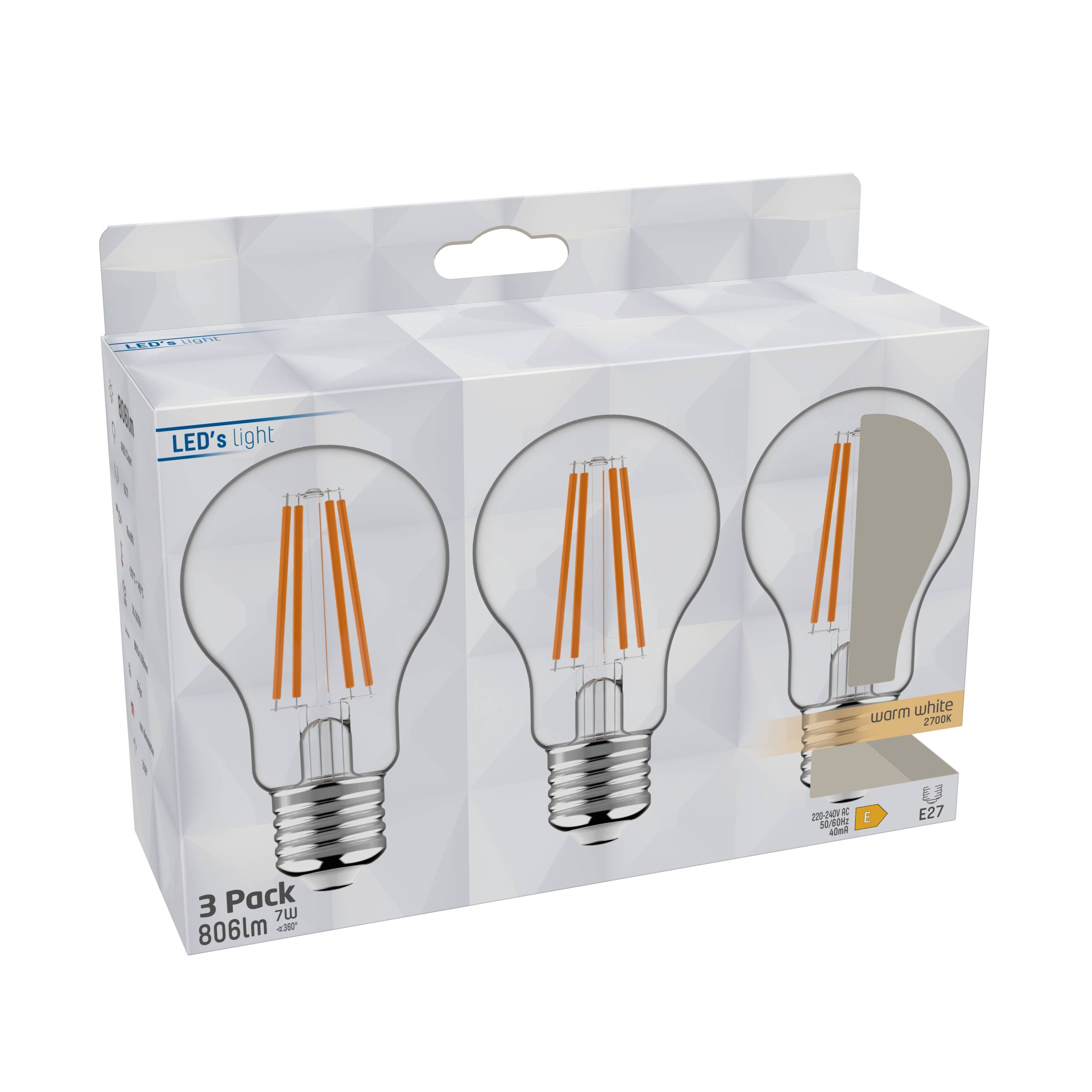 LED's light LED Birne E27 7,0W warmweiß Klar A60 3-Pack