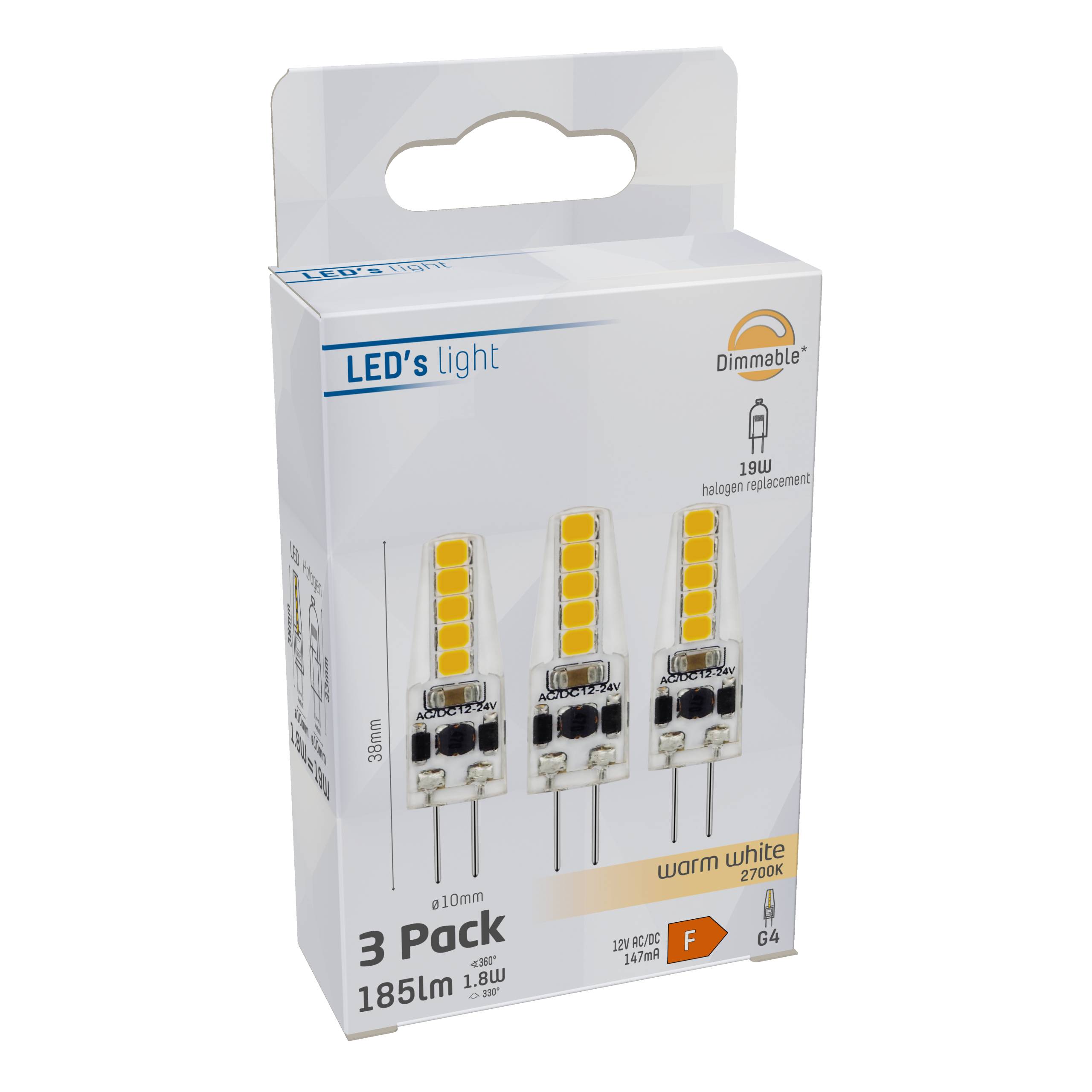 LED's light LED Kapsel G4 1,9W warmweiß Klar 12V dimmbar 3-Pack