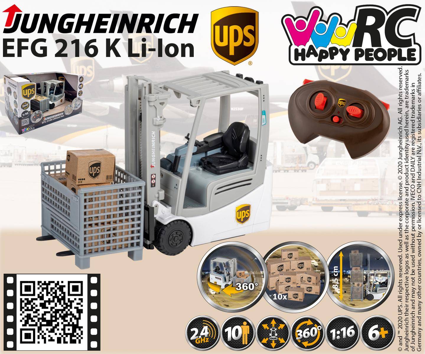 Happy People - Ferngesteuerter Gabelstapler - UPS Jungheinrich EFG 216 K Li-Ion (1:16) Spielzeuggabelstapler Stapler