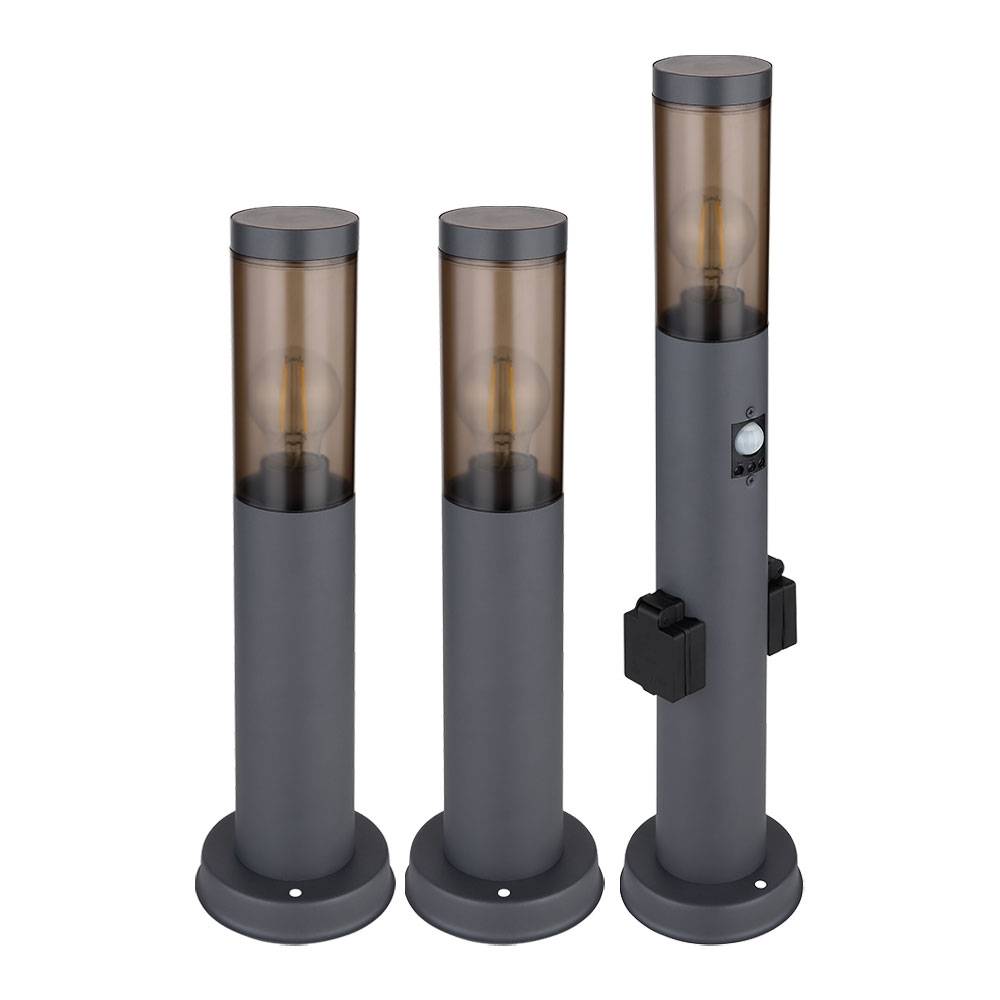 Sockelleuchte mit Steckdose und Bewegungsmelder Gartenlampe Wegeleuchte Außenstehlampe, Edelstahl anthrazit, Kunststoff rauch, E27, 3er Set
