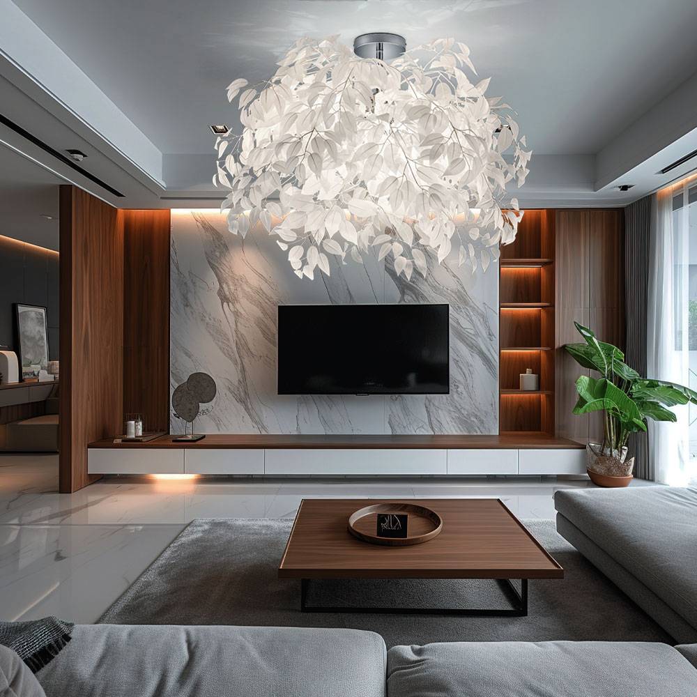 Deckenleuchte Blätter Beleuchtung Wohnzimmer Deckenlampe im Blüten Design, Chrom weiß, rund, 3x E14, DxH 70x73 cm