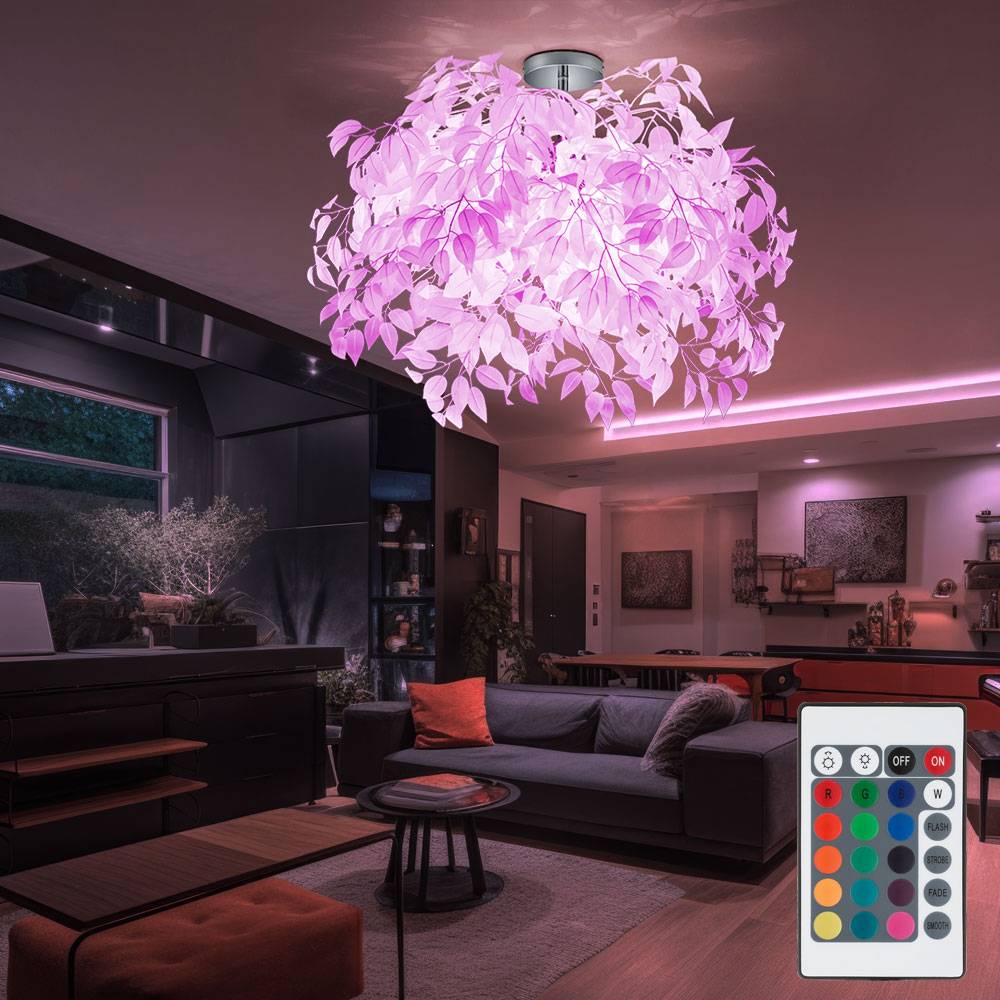 Deckenleuchte weiß mit Fernbedienung Deckenlampe 3 flammig Wohnzimmerleuchte dimmbar Blätterleuchte, chrom, rund, 3x RGB LED 4,8W 470Lm warmweiß,