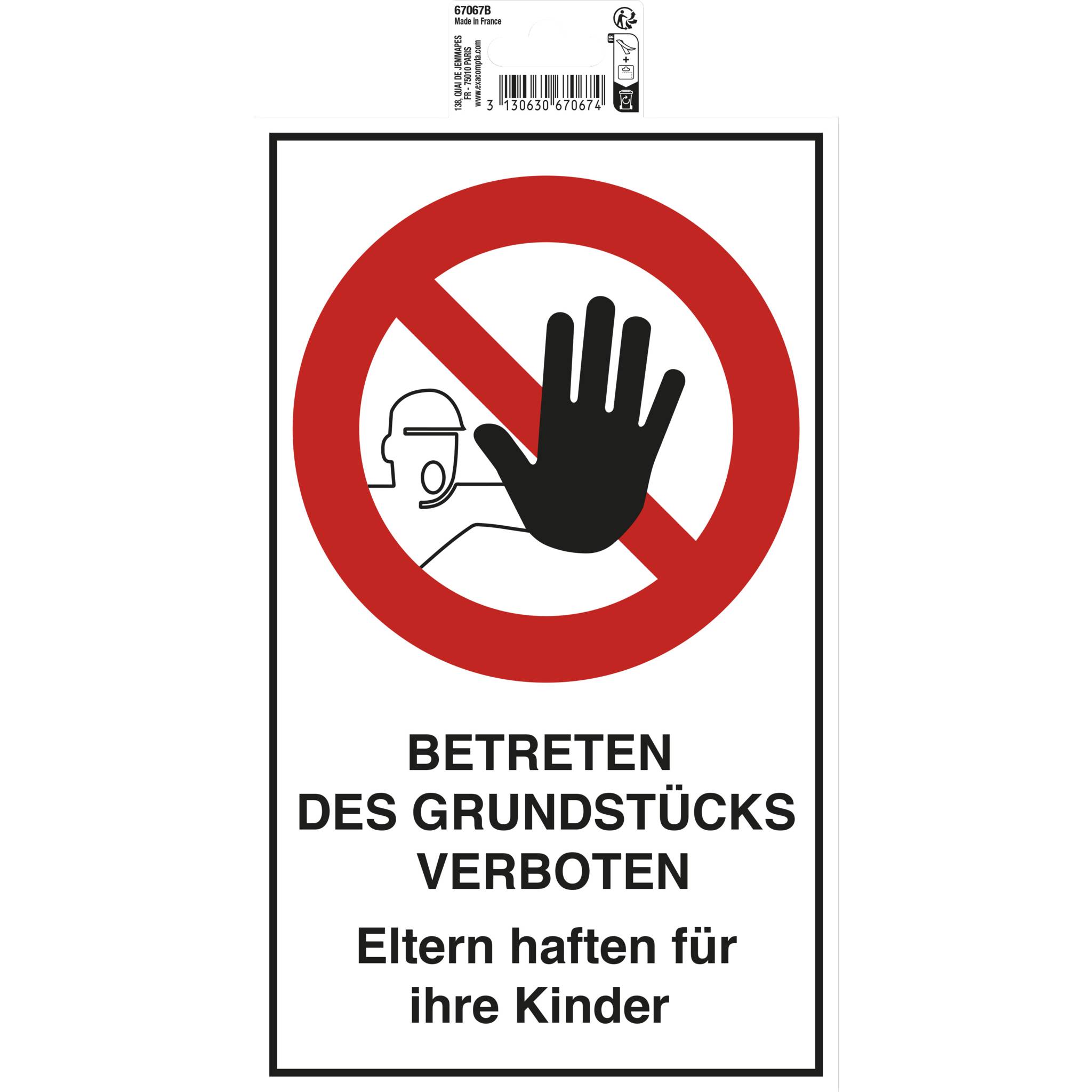 Exacompta Hinweisschild Betreten verboten, 15x25 cm, PVC - - 67067B