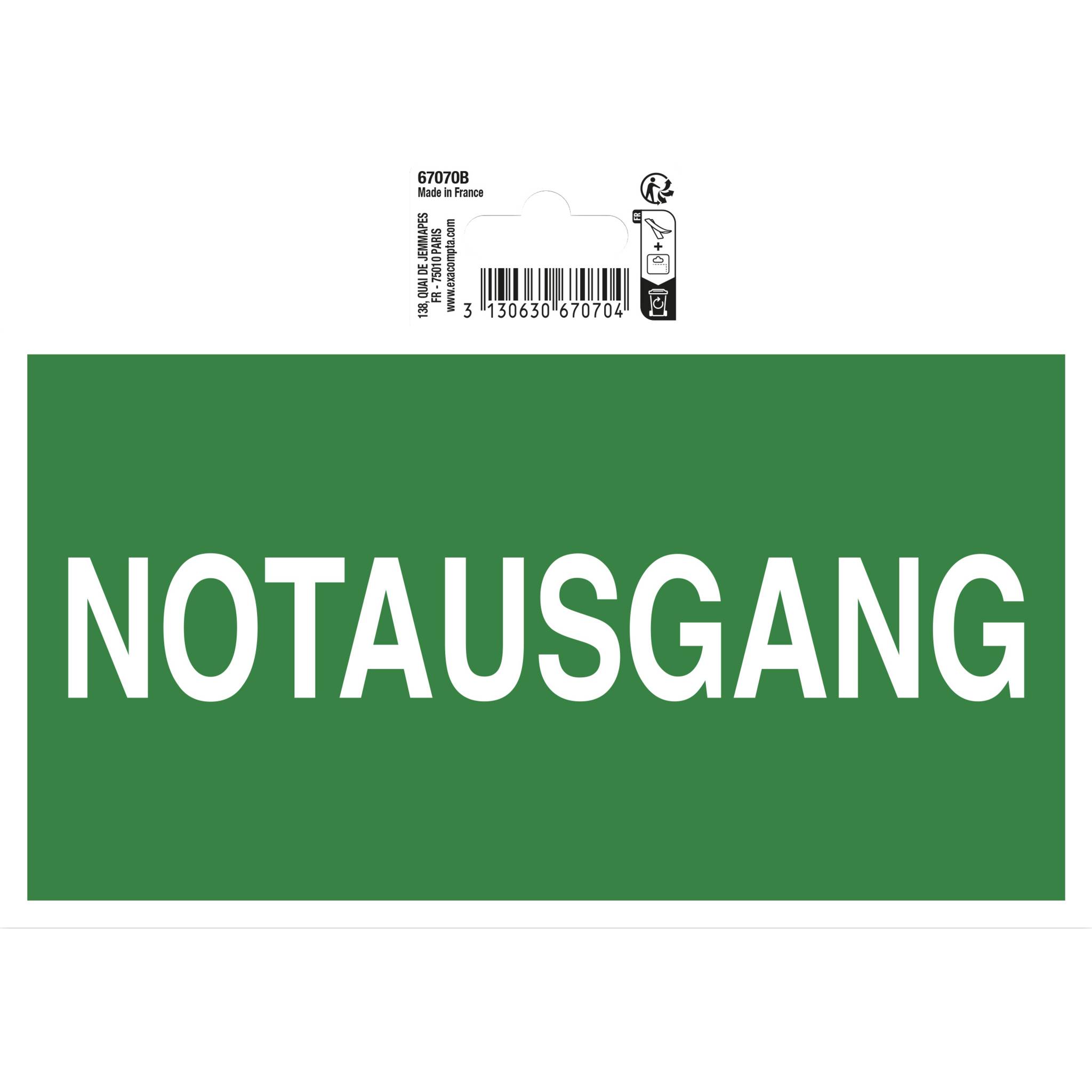 Exacompta Hinweisschild Notausgang 20x11 cm, PVC - 67070B
