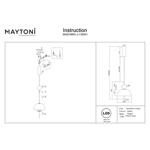 Maytoni Moderne Pendelleuchte Bangkok LED incl. in Schwarz aus Metall Glas 12 W für Küche, Schlafzimmer, Wohnzimmer, Esszimmer, Lobby Maytoni Moderne Pendelleuchte Bangkok LED incl. in Schwarz aus Metall Glas 12 W für Küche, Schlafzimmer, Wohnzimmer, Esszimmer, Lobby