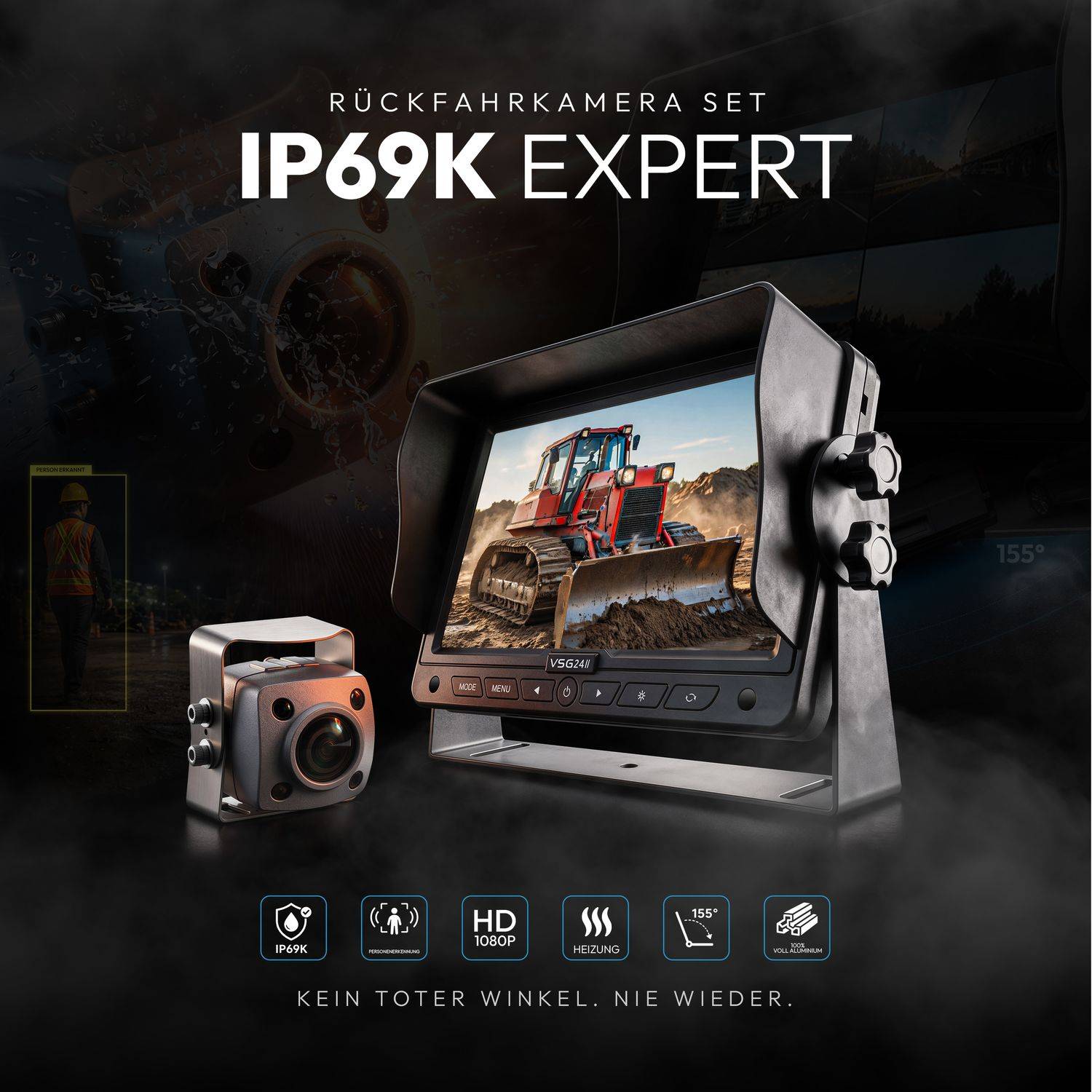 VSG24 7" Rückfahrkamera Set IP69K | PRO-Expert 1080P HD | 155 ° | IP69K | Videoaufzeichnung | RVS-24135