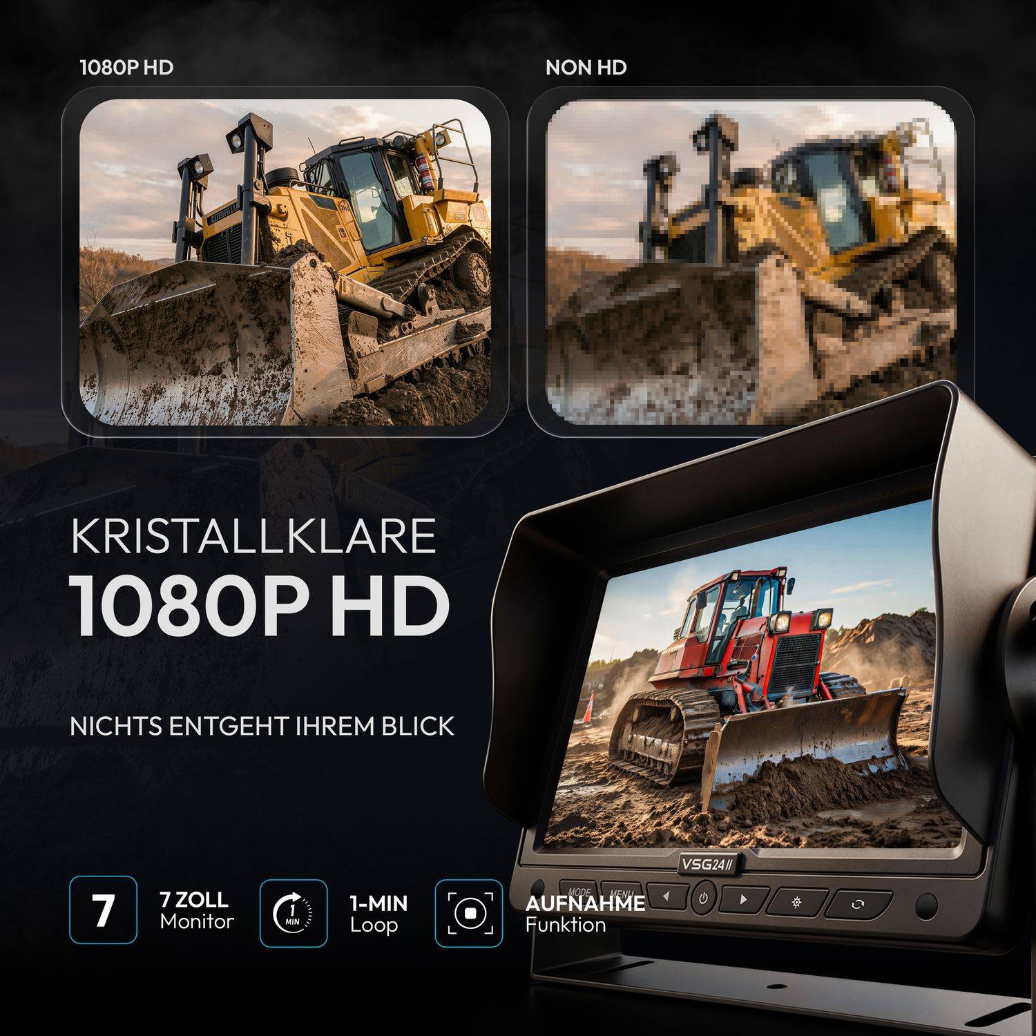 VSG24 7" Rückfahrkamera Set IP69K | PRO-Expert 1080P HD | 155 ° | IP69K | Videoaufzeichnung | RVS-24135