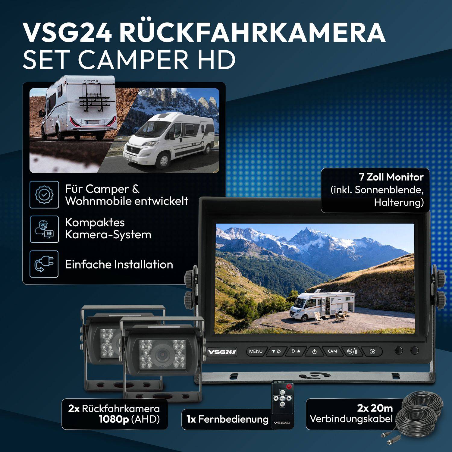 VSG24 7" Rückfahrkamera Set CAMPER HD | mit 2 x 1080P-HD Kamera RVS-24503