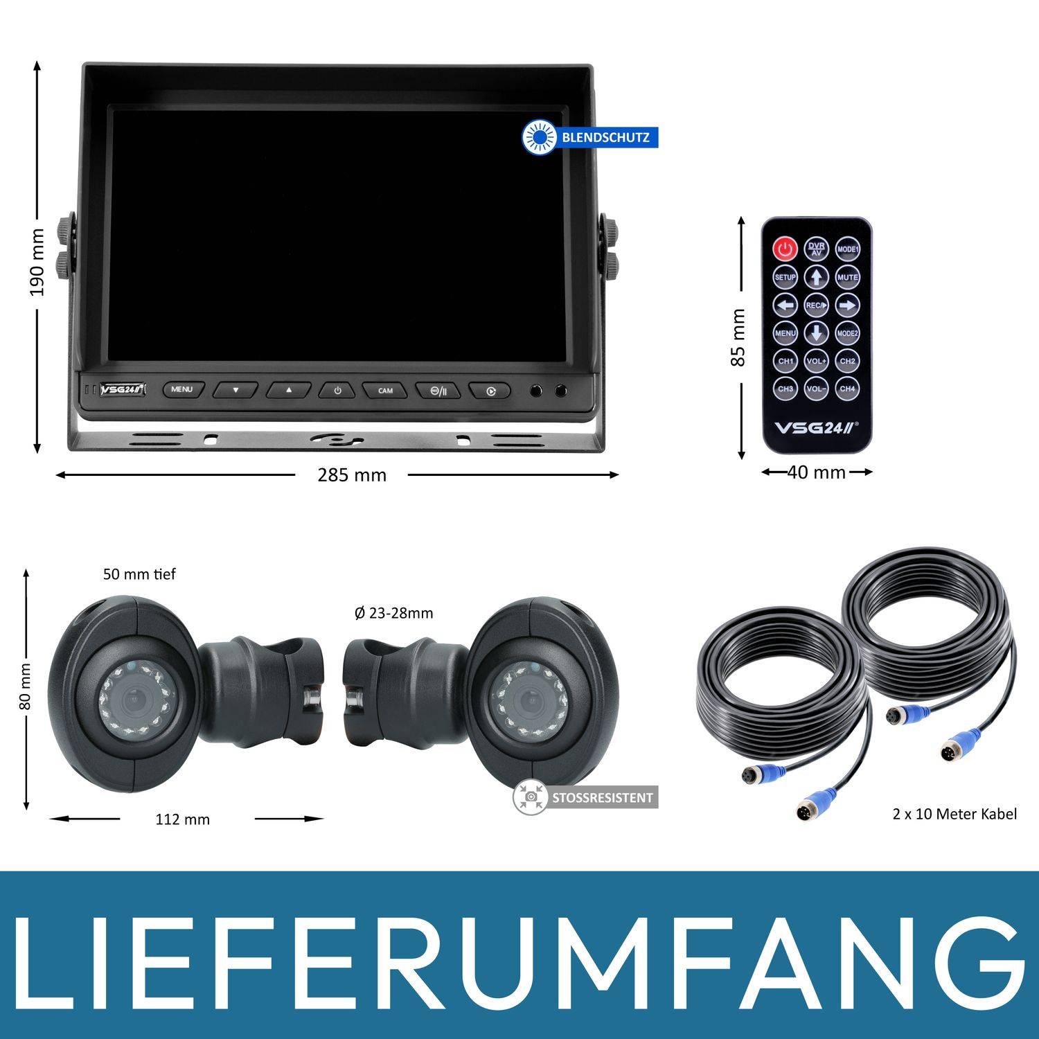 VSG24 10" Rückfahrkamera Set PROTECT | mit 2 x Seitenspiegel-Kamera 120° RVS-24526