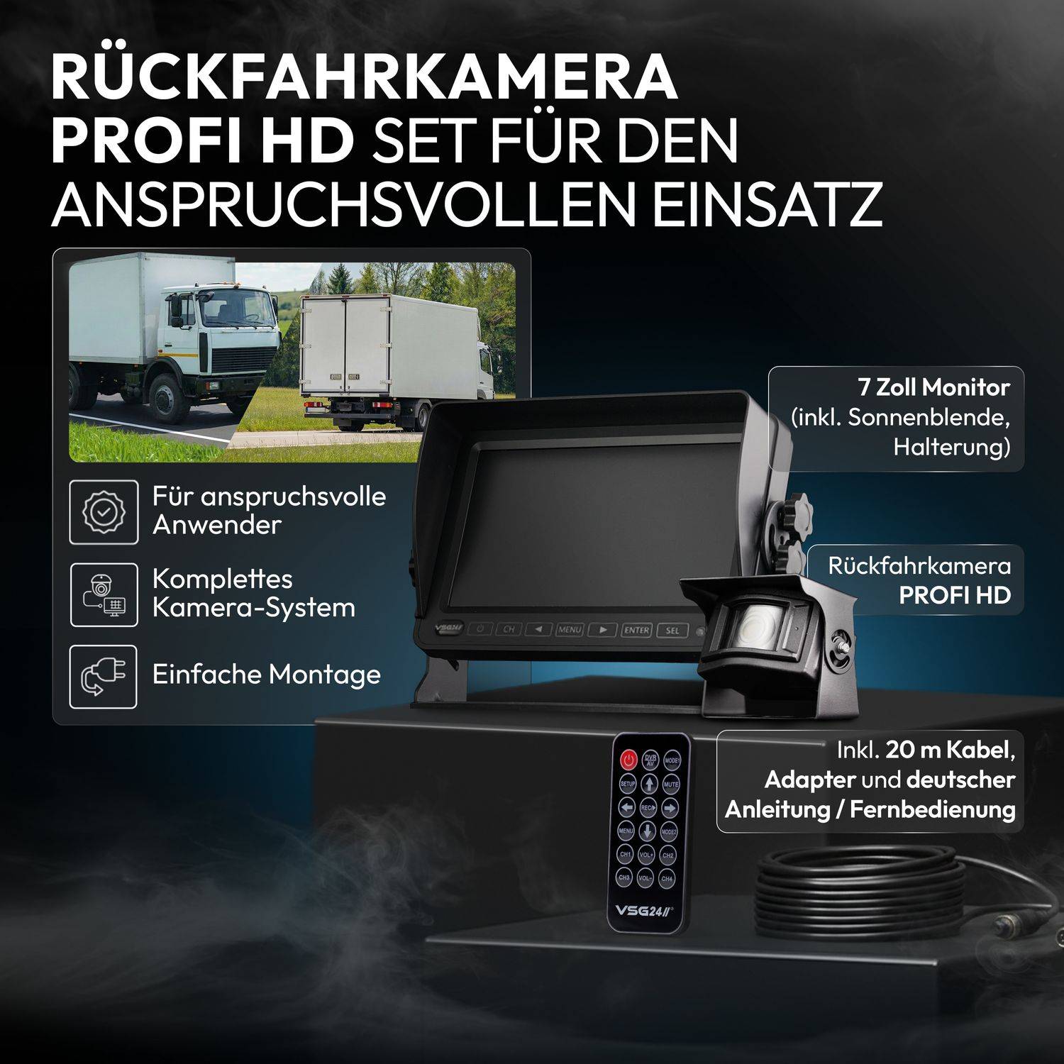 VSG24 7" Rückfahrkamera Set PROFI HD | 1080P HD Kamera IP69K mit Mikrofon
