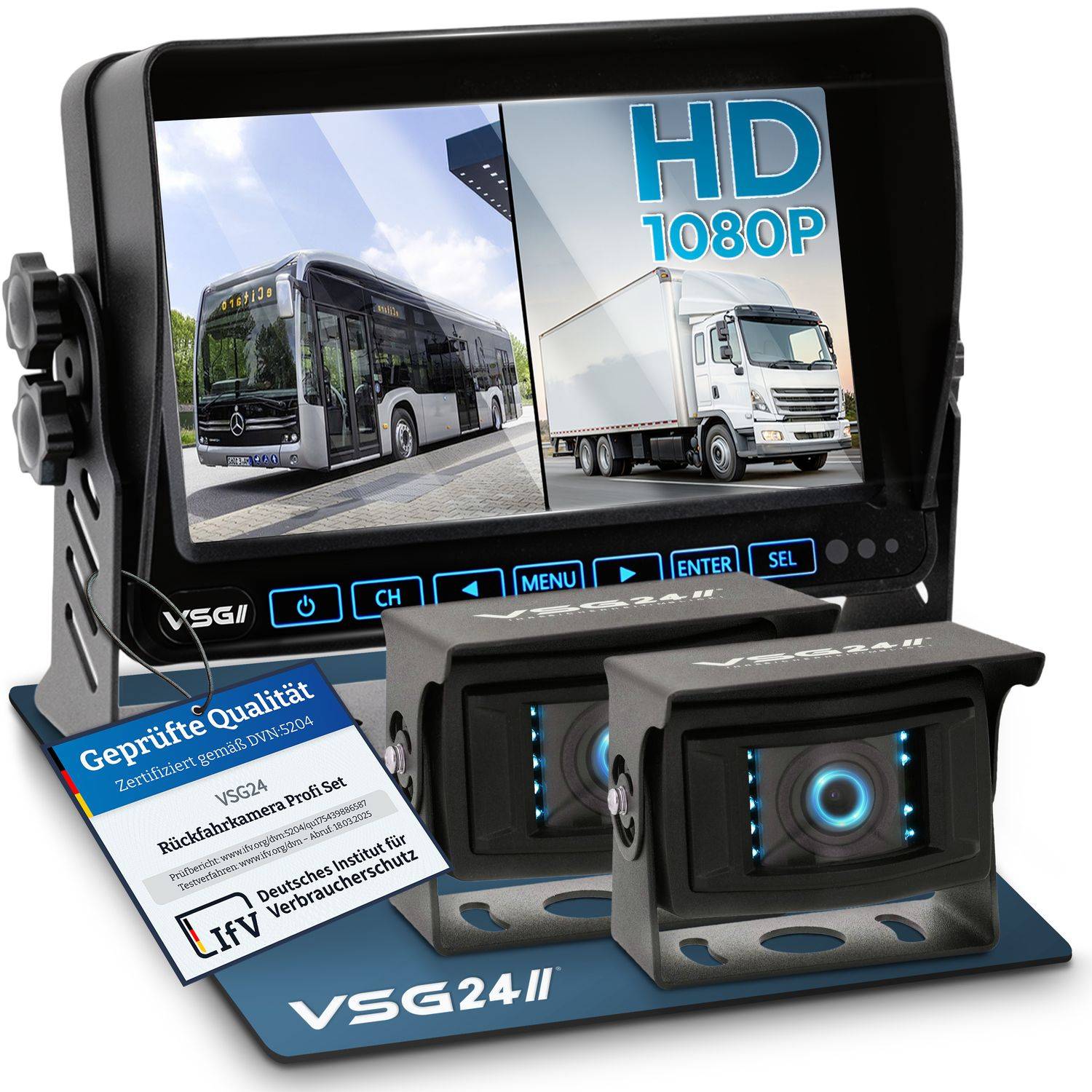 VSG24 7" Rückfahrkamera Set PROFI HD | mit 2 x 1080P HD Kamera IP69K mit Mikrofon