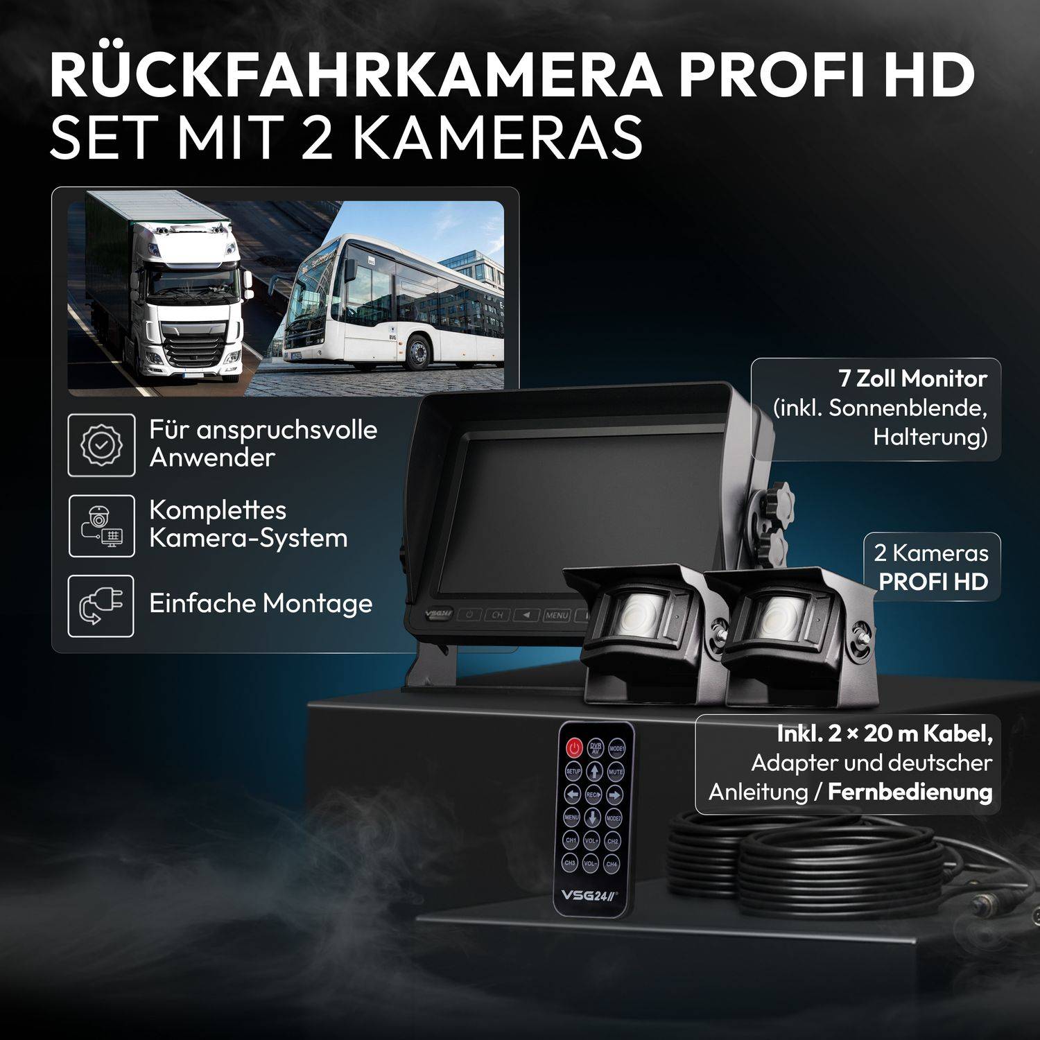 VSG24 7" Rückfahrkamera Set PROFI HD | mit 2 x 1080P HD Kamera IP69K mit Mikrofon
