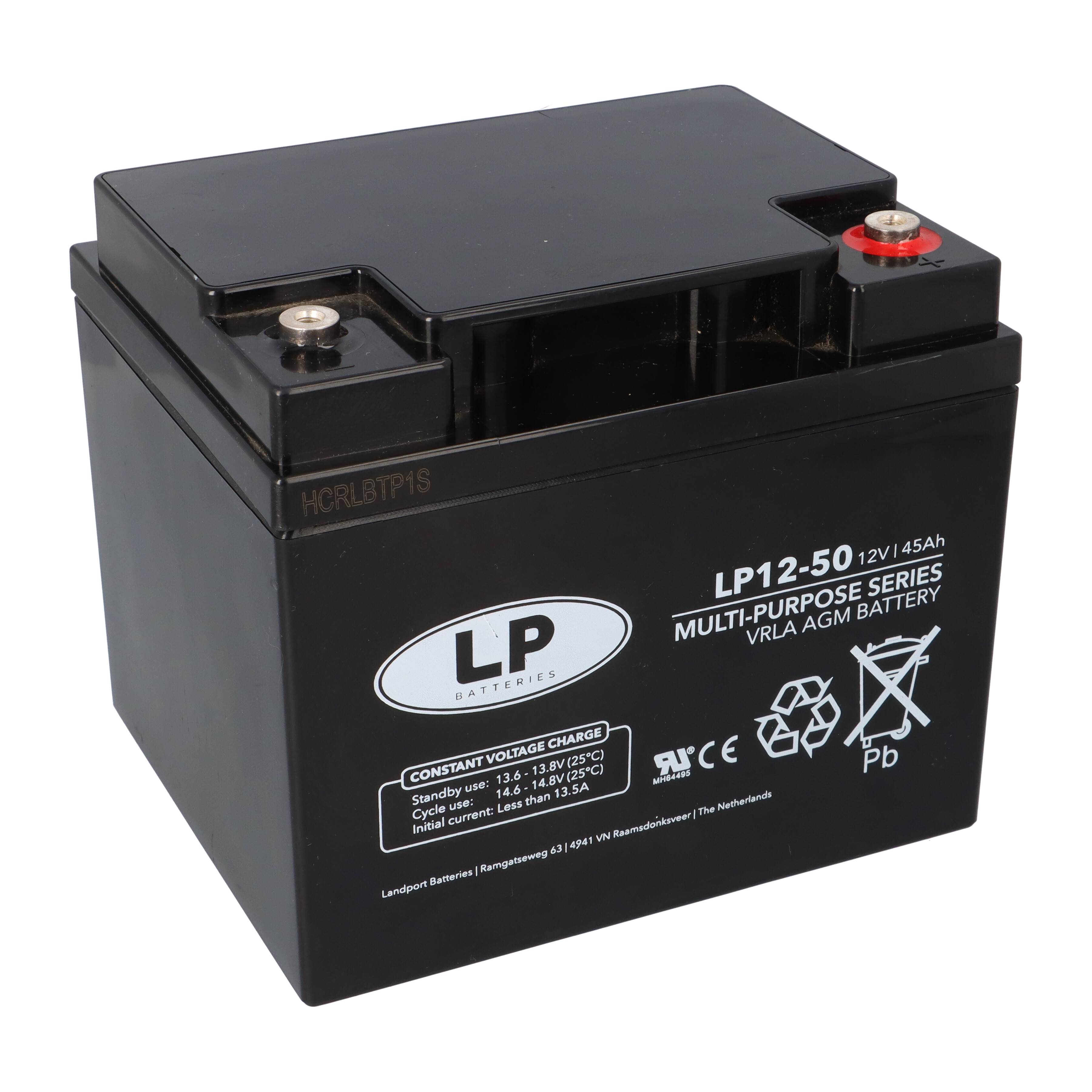 Eine schwarze LP Mehrzweckbatterie mit den Spezifikationen „12V, 45Ah
