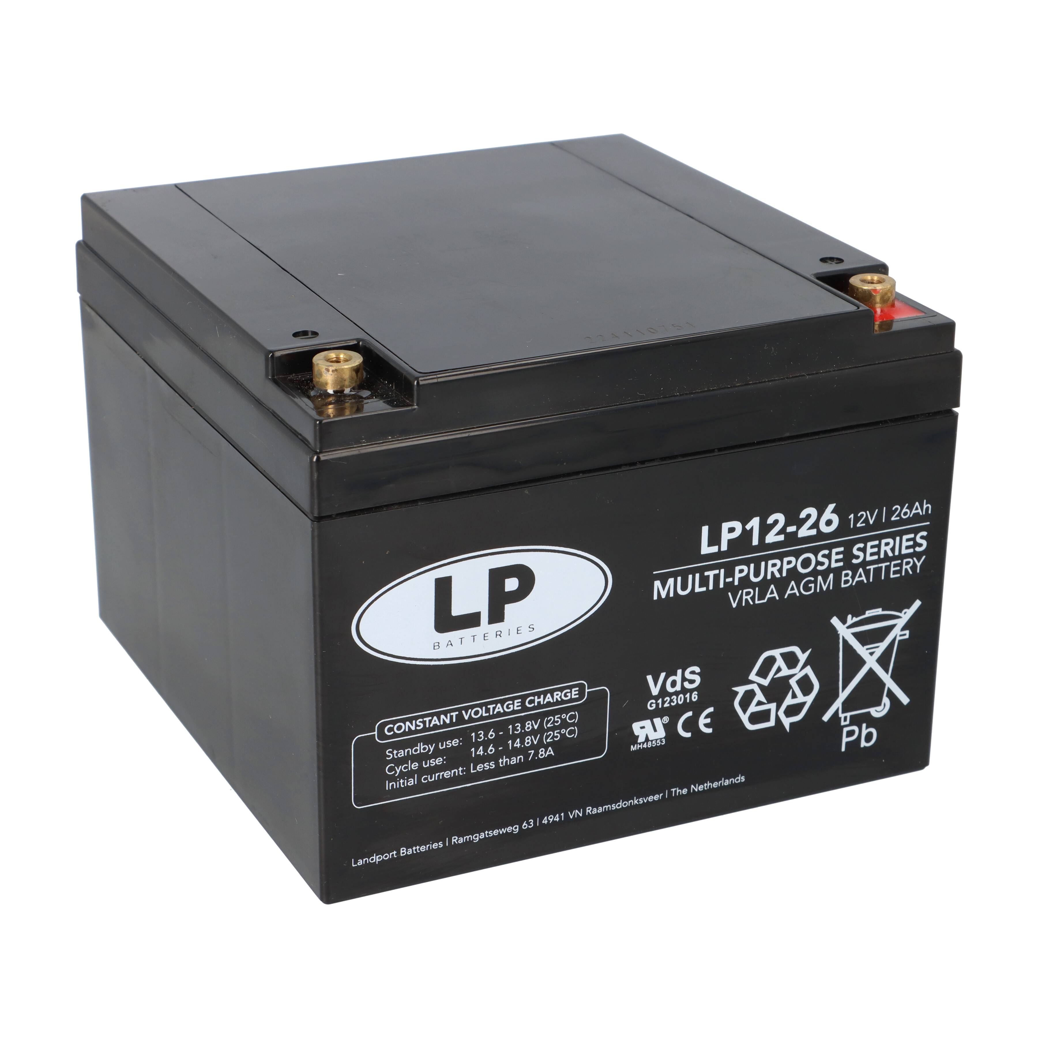 Schwarze LP12-26 12V 26Ah Mehrzweckbatterie mit Anschlüssen oben, gekennzeichnet als VRLA AGM Typ; geeignet für Ladung mit konstanter Spannung.