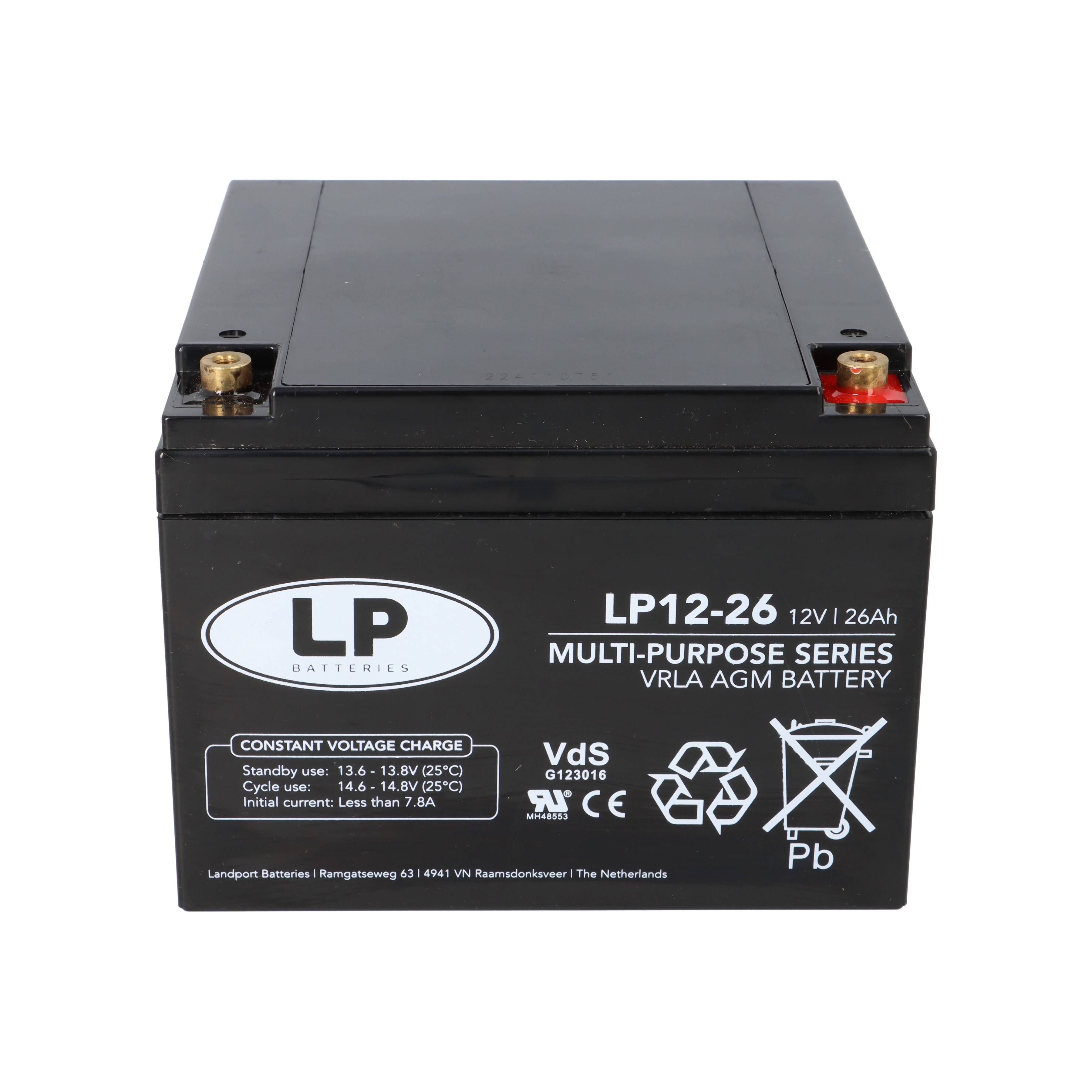 LP12-26 VRLA AGM-Batterie mit folgenden Spezifikationen: 12V, 26Ah, Konstantspannungs-Ladevorgaben, Recycling- und Entsorgungssymbole.