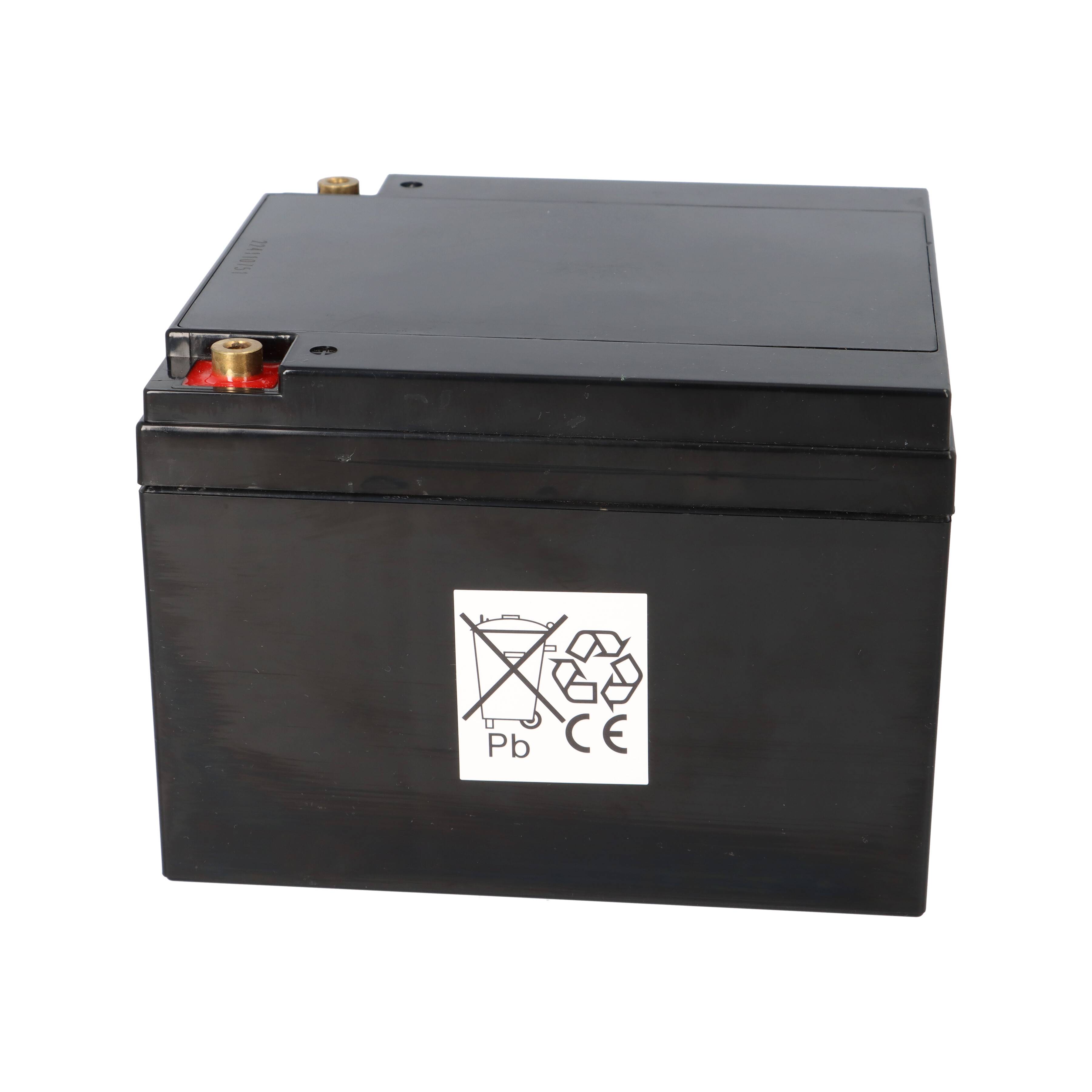 Eine schwarze rechteckige Batterie mit Recycling- und Entsorgungswarnzeichen, einschließlich einer durchgestrichenen Mülltonne und 