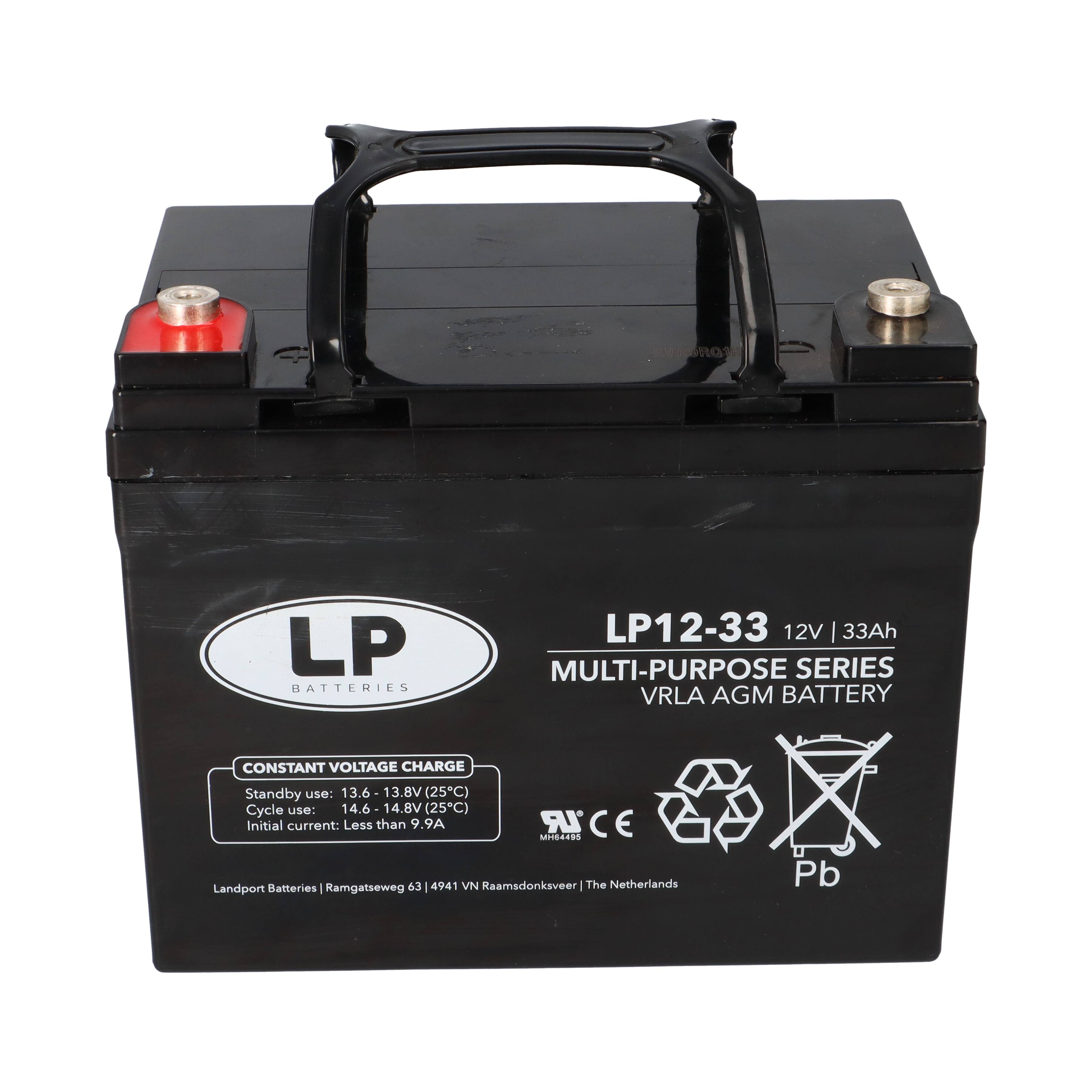 Eine schwarze LP12-33 Mehrzweckbatterie mit roten und schwarzen Anschlüssen. Mit der Bezeichnung 12V, 33Ah, VRLA-AGM-Typ, mit Details zur Konstantspannungsladung.