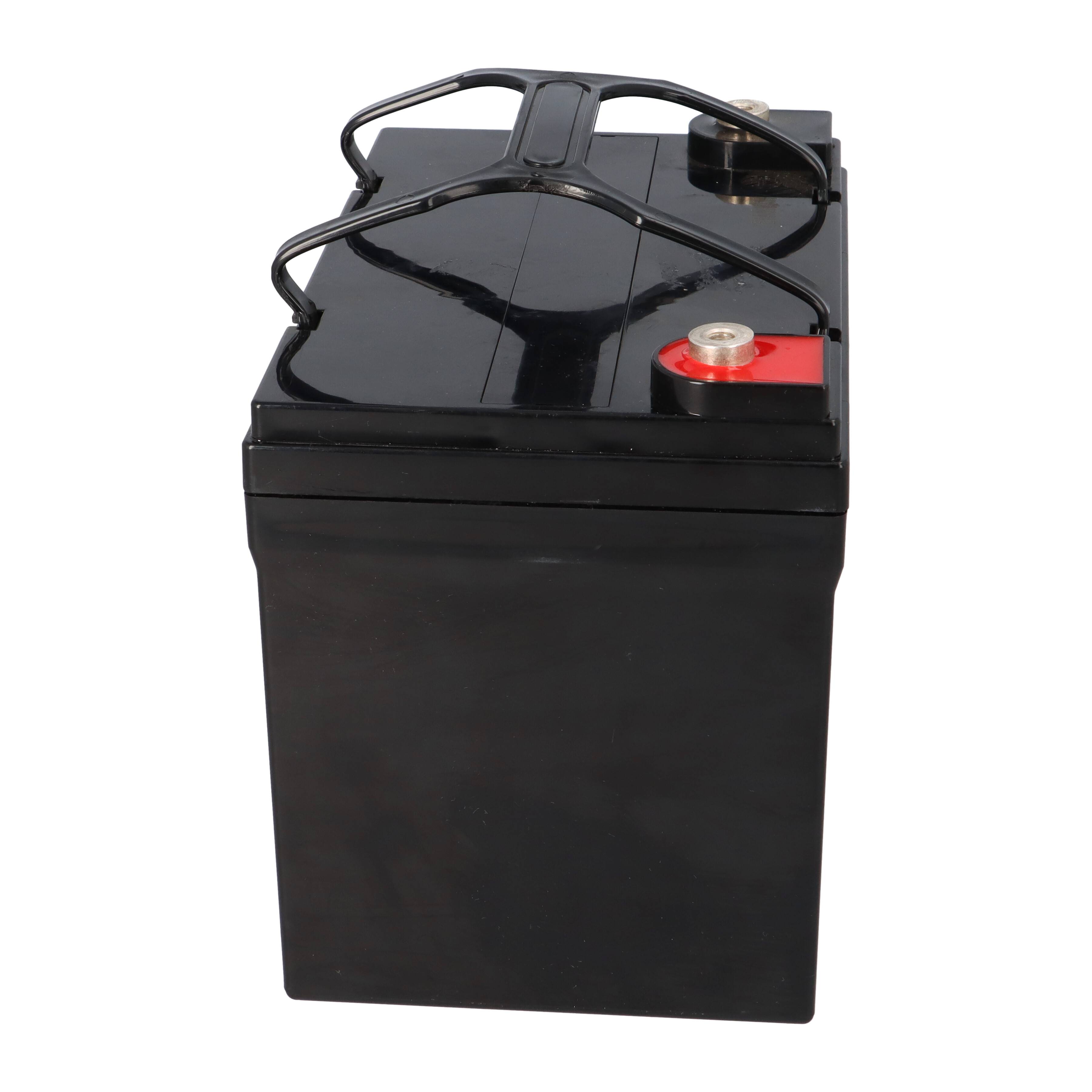 Eine große, schwarze Bleiakkumulator-Batterie mit einem roten Pluspol und einem silbernen Minuspol, die üblicherweise in Fahrzeugen verwendet wird.