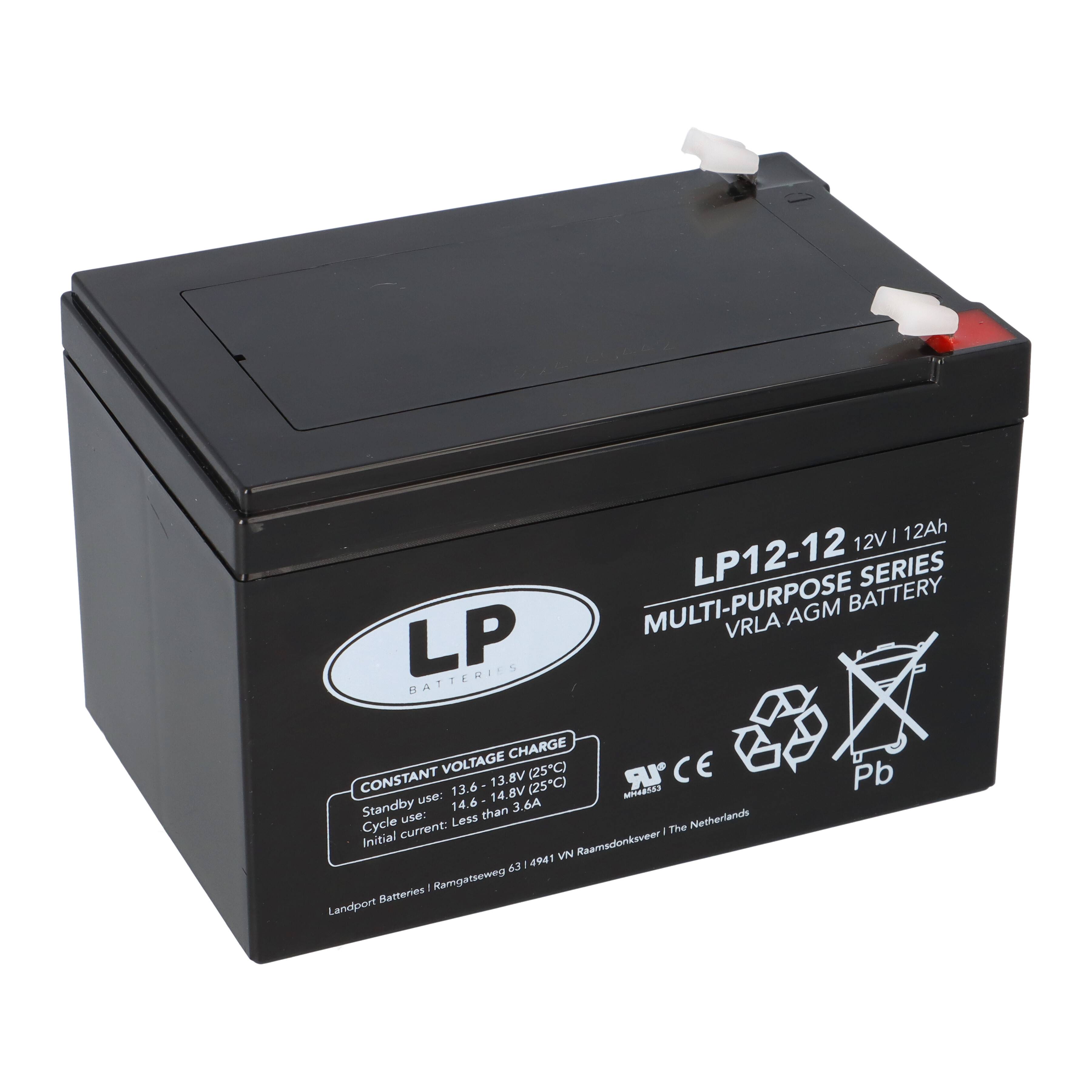 Schwarze LP12-12 Batterie mit Spannungs- und Kapazitätsangaben: 12V, 12Ah. Enthält Symbole für Handhabung und Sicherheit.