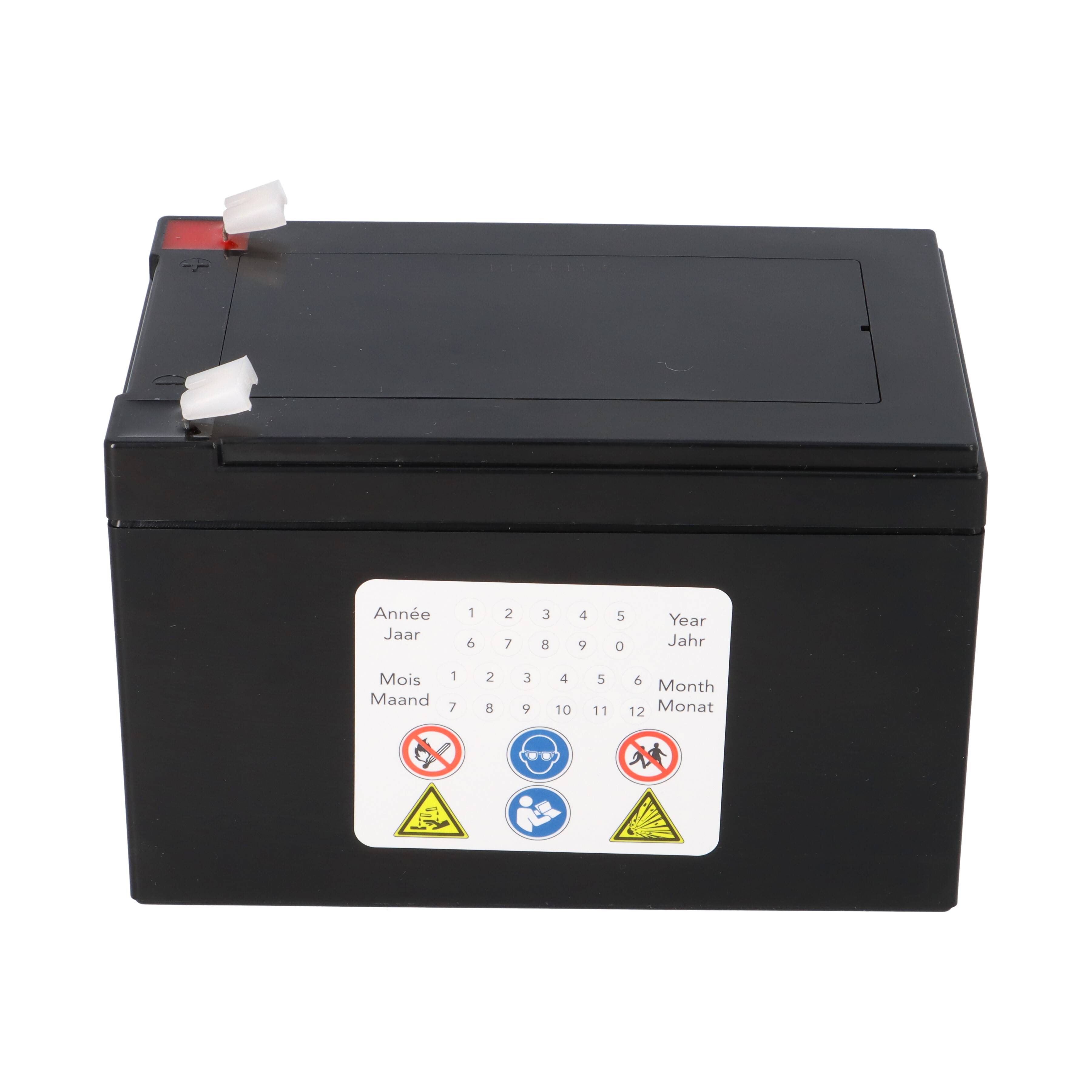 Eine schwarze, rechteckige Batterie mit einer Beschriftung, die Monate zur Festlegung des Installationsdatums zeigt und Sicherheitssymbole zur Anzeige von Betriebsvorsichtsmaßnahmen trägt.