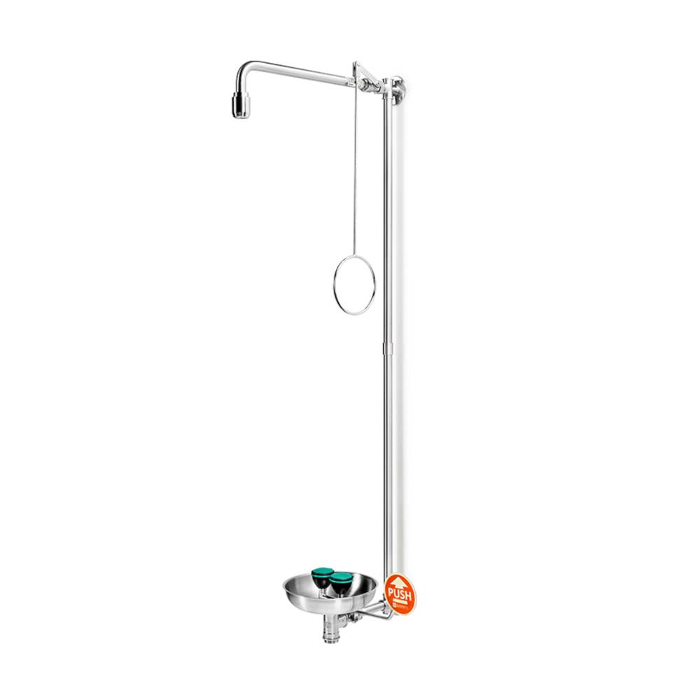 Körper-Notdusche - PremiumLine - mit Sicherheits-Augendusche und Auffangbecken - Edelstahl poliert - Wasseranschluss 3/4-Zoll-IG
