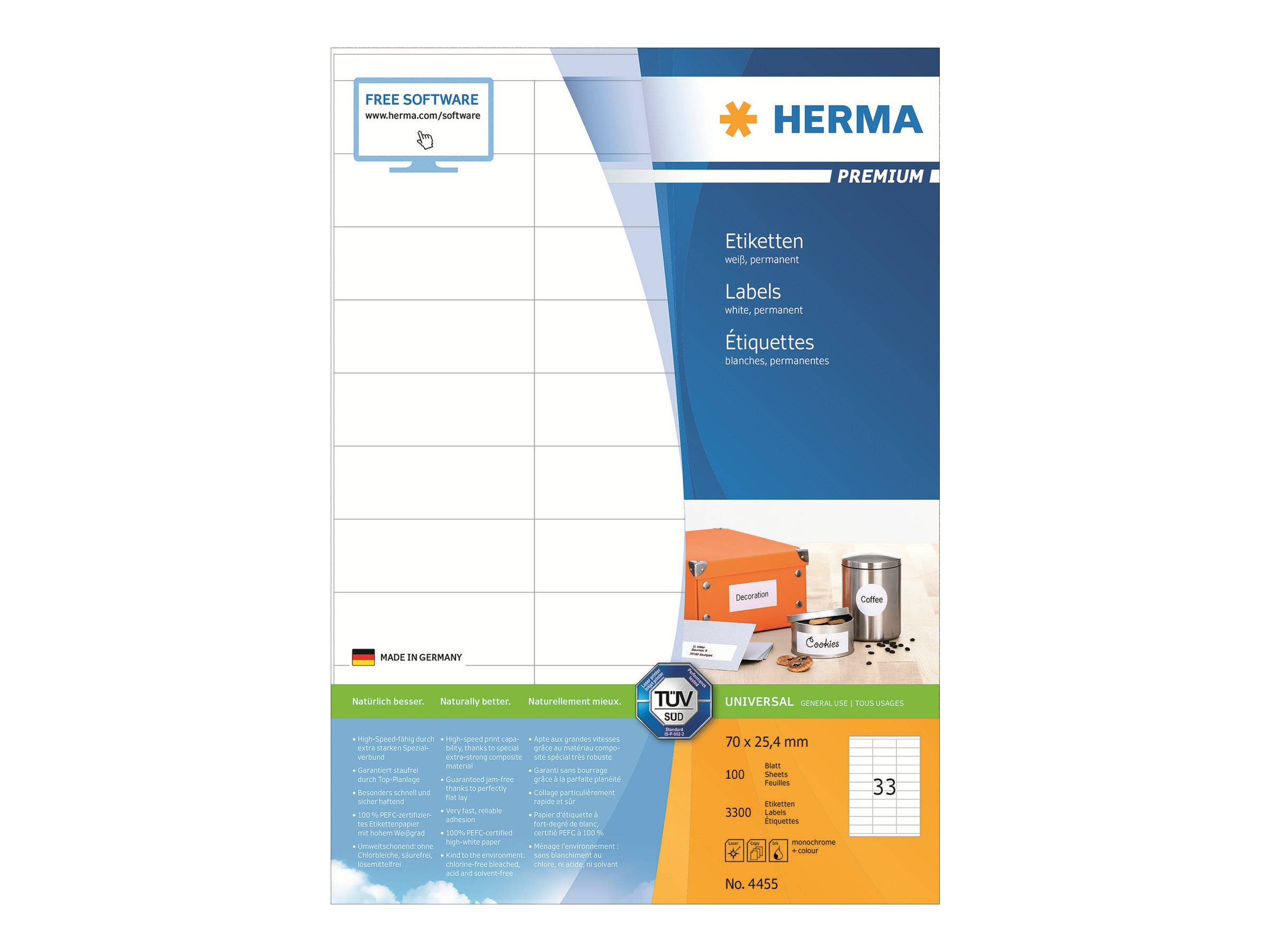 HERMA Premium - Papier - matt - permanent selbstklebend - weiß - 70 x 25.4 mm 3300 Etikett(en) (100 Bogen x 33)