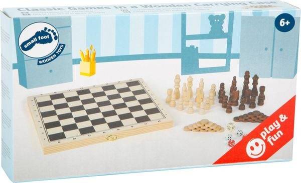 Small foot 3453 - Spieleklassiker 3in1 im Holzkoffer (Schach/Dame/Backgammon), Holz