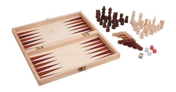 Small foot 3453 - Spieleklassiker 3in1 im Holzkoffer (Schach/Dame/Backgammon), Holz