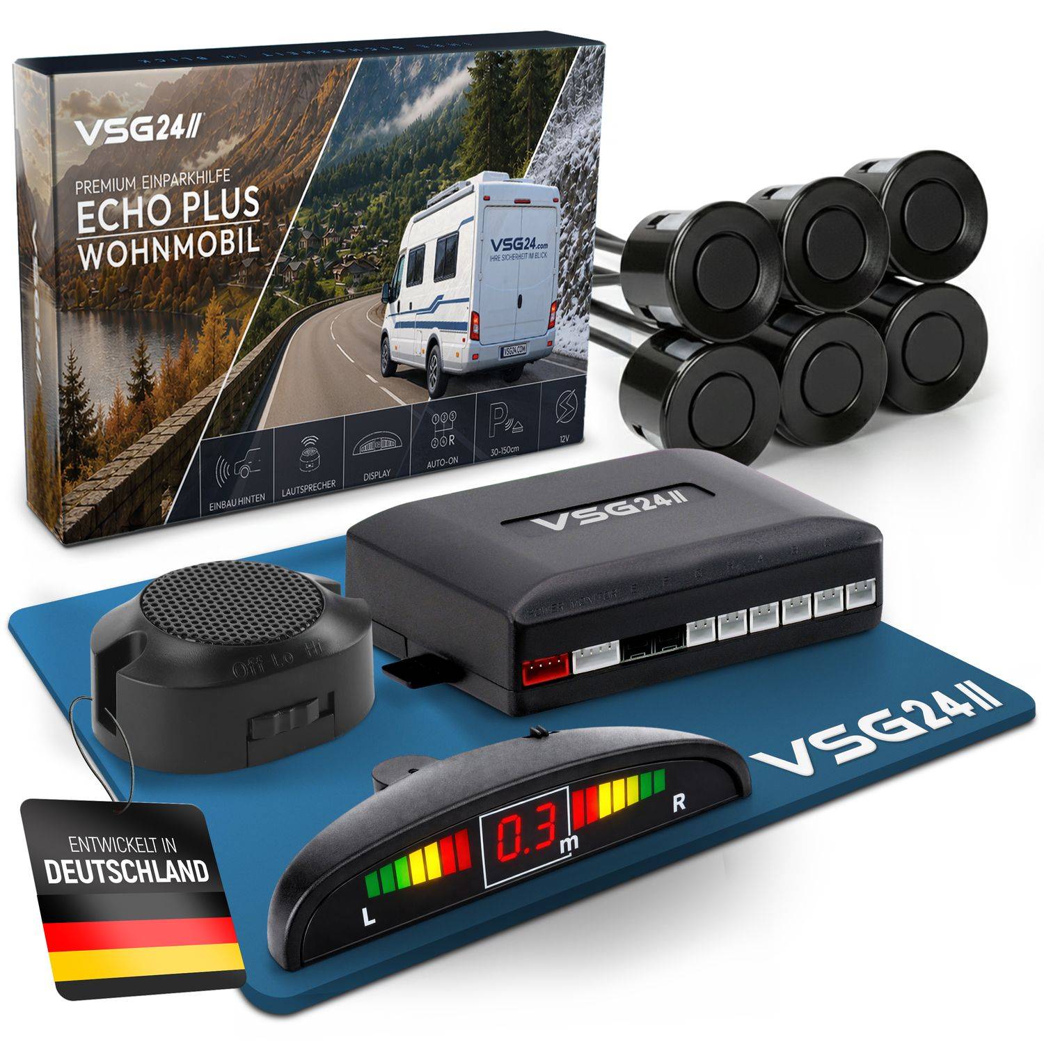 VSG24II Echo Plus Wohnmobil-Parkierhilfe-Set mit Display, Sensoren, Steuergerät, Lautsprecher und Deutschland-Karte auf blauer Matte dargestellt.