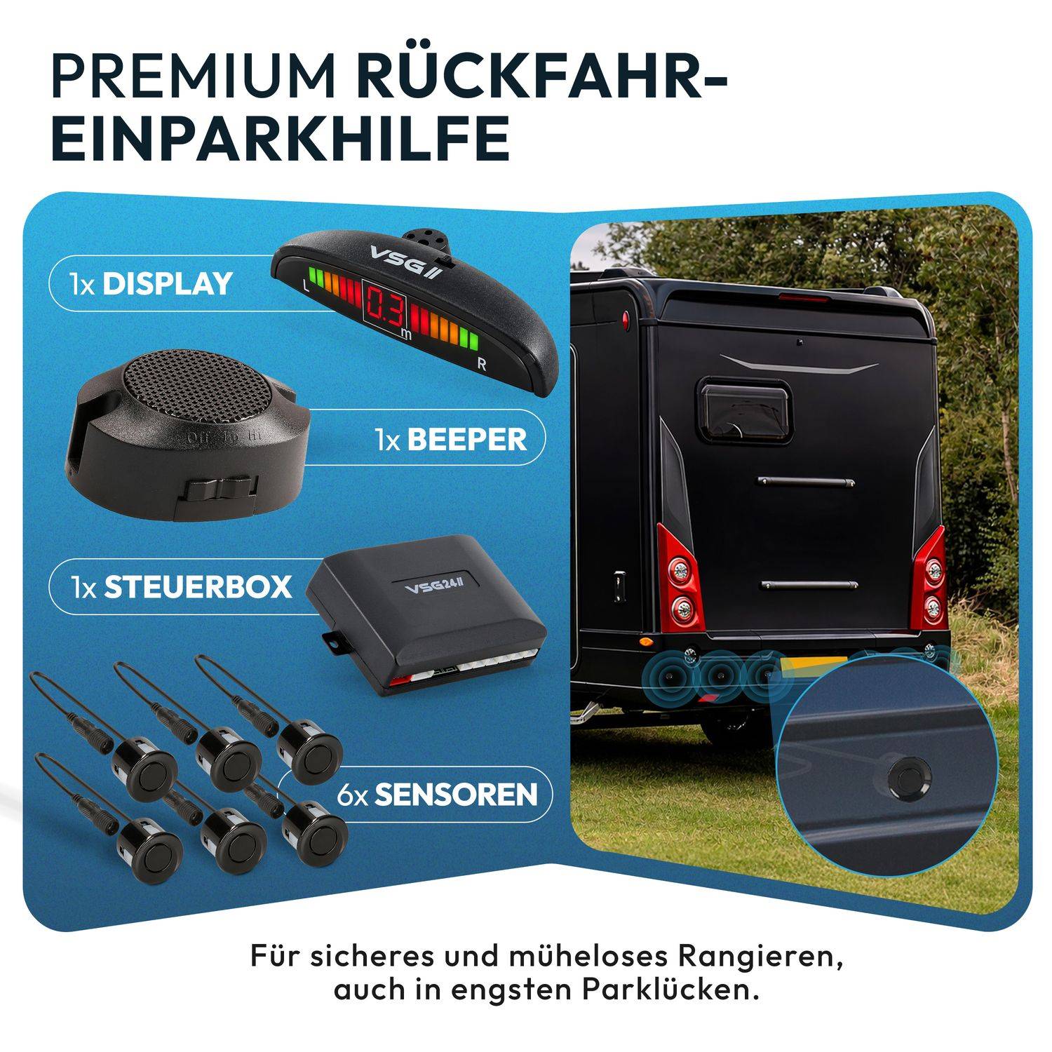 Werbegrafik für ein Premium-Rückwärtspark-Assistenz-Set mit 1 Display, 1 Signalton-Geber, 1 Kontrollbox und 6 Sensoren, plus Heckansicht eines Lieferwagens und Nahaufnahme des Sensors.