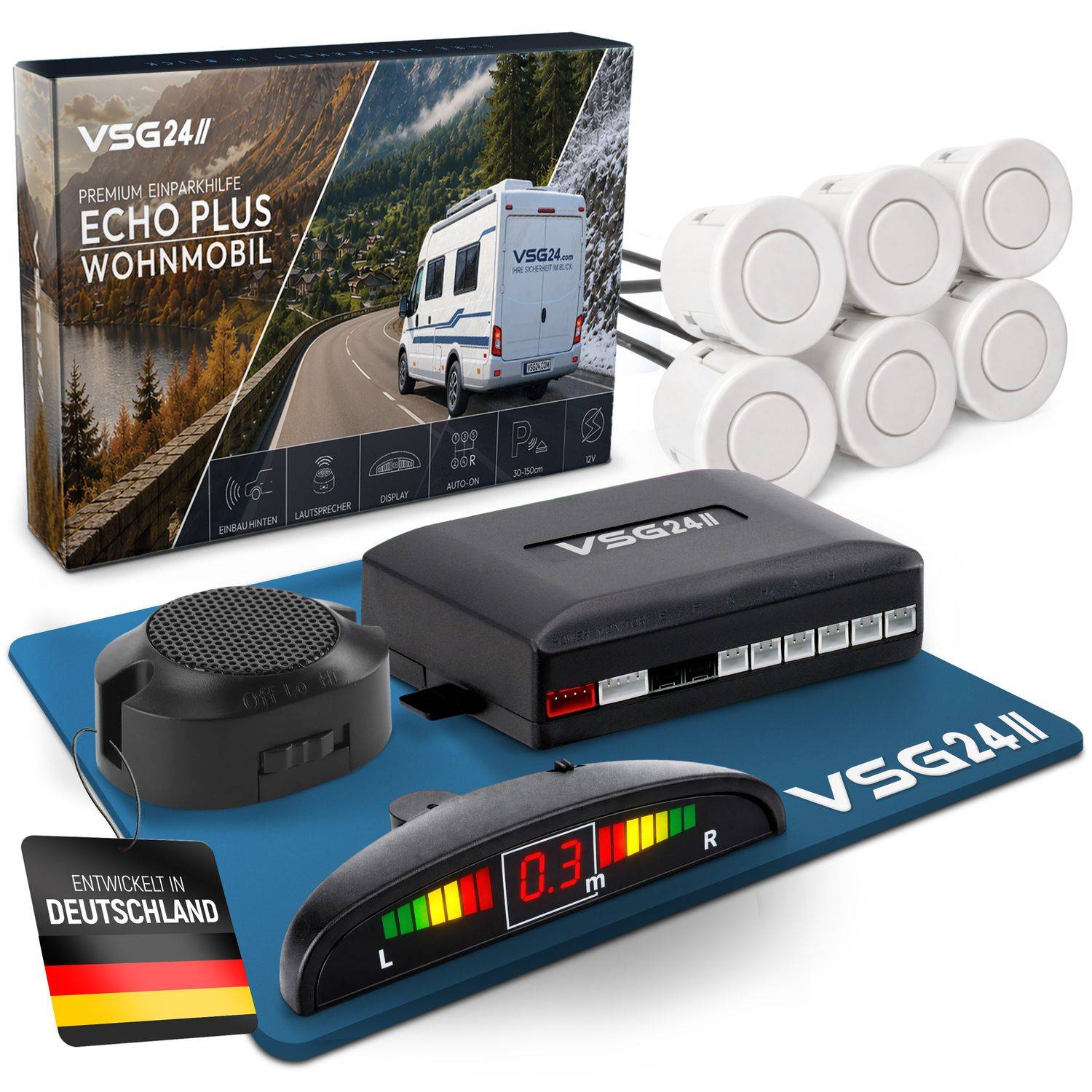 Produkteset für VSG24II 'ECHO PLUS' Wohnmobil-Parkassistenzsystem, zeigt Steuergerät, Sensoren, Display, Lautsprecher und Verpackung.