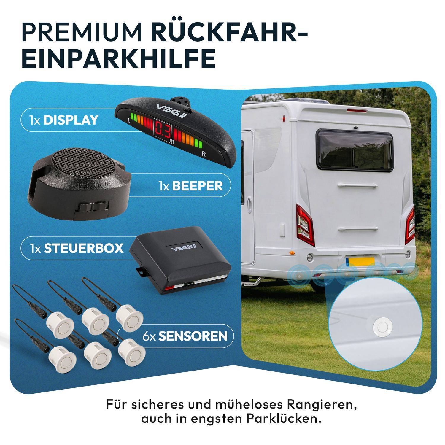 VSG24 Akustische Premium-Einparkhilfe WOHNMOBIL Weiß PDC-22101
