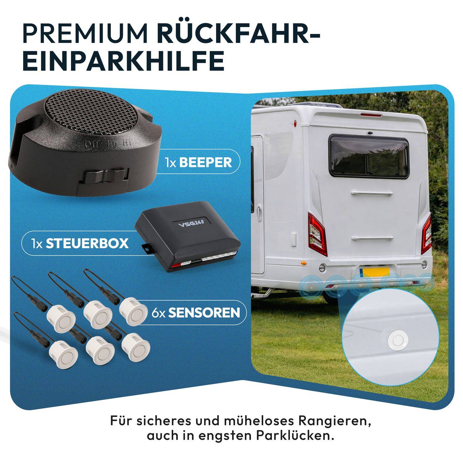 VSG24 Akustische Premium-Einparkhilfe WOHNMOBIL Weiß PDC-22101
