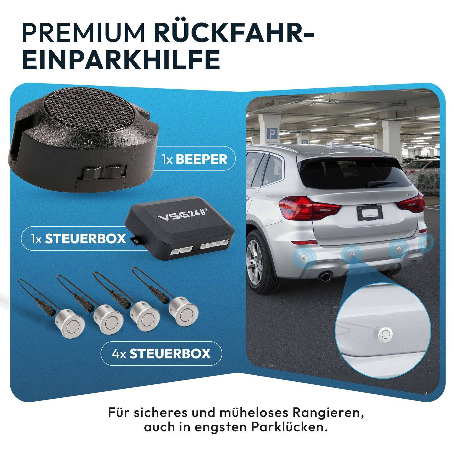 VSG24 Akustische Premium-Einparkhilfe ECHO PLUS Silber PDC-22112