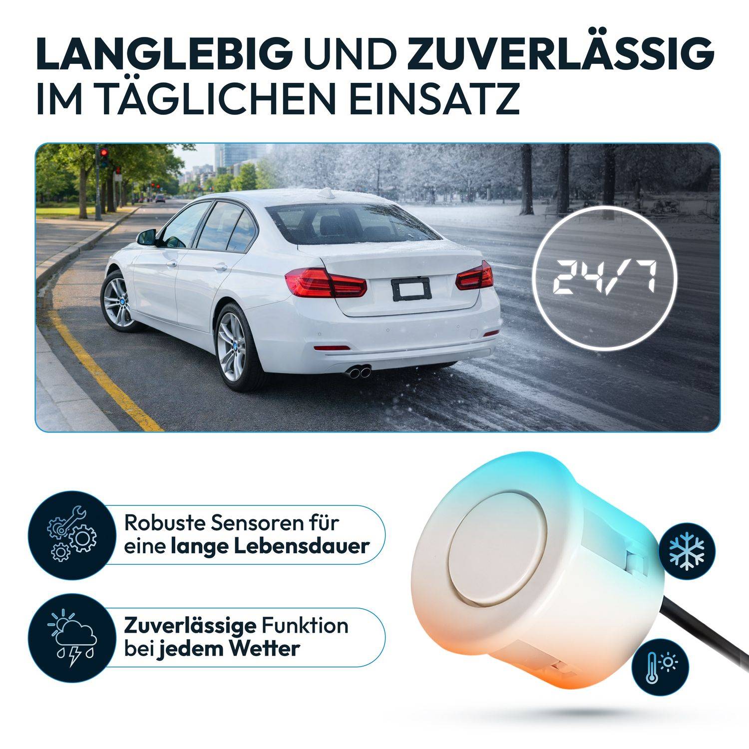 Ein weißes Auto fährt auf einer nassen Straße mit Text darüber: 