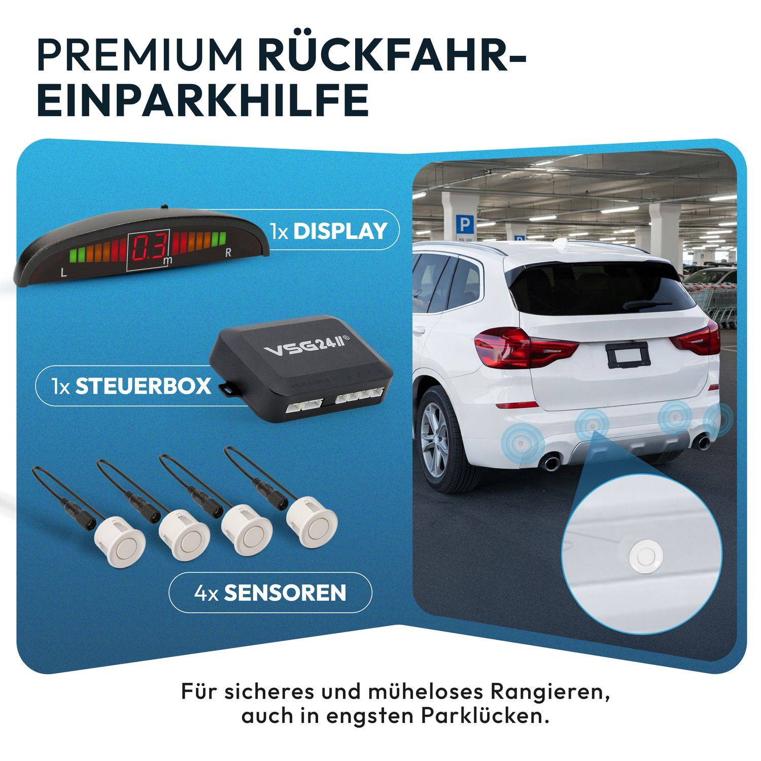 VSG24 Display Premium-Einparkhilfe ECHO PLUS Weiß PDC-22123
